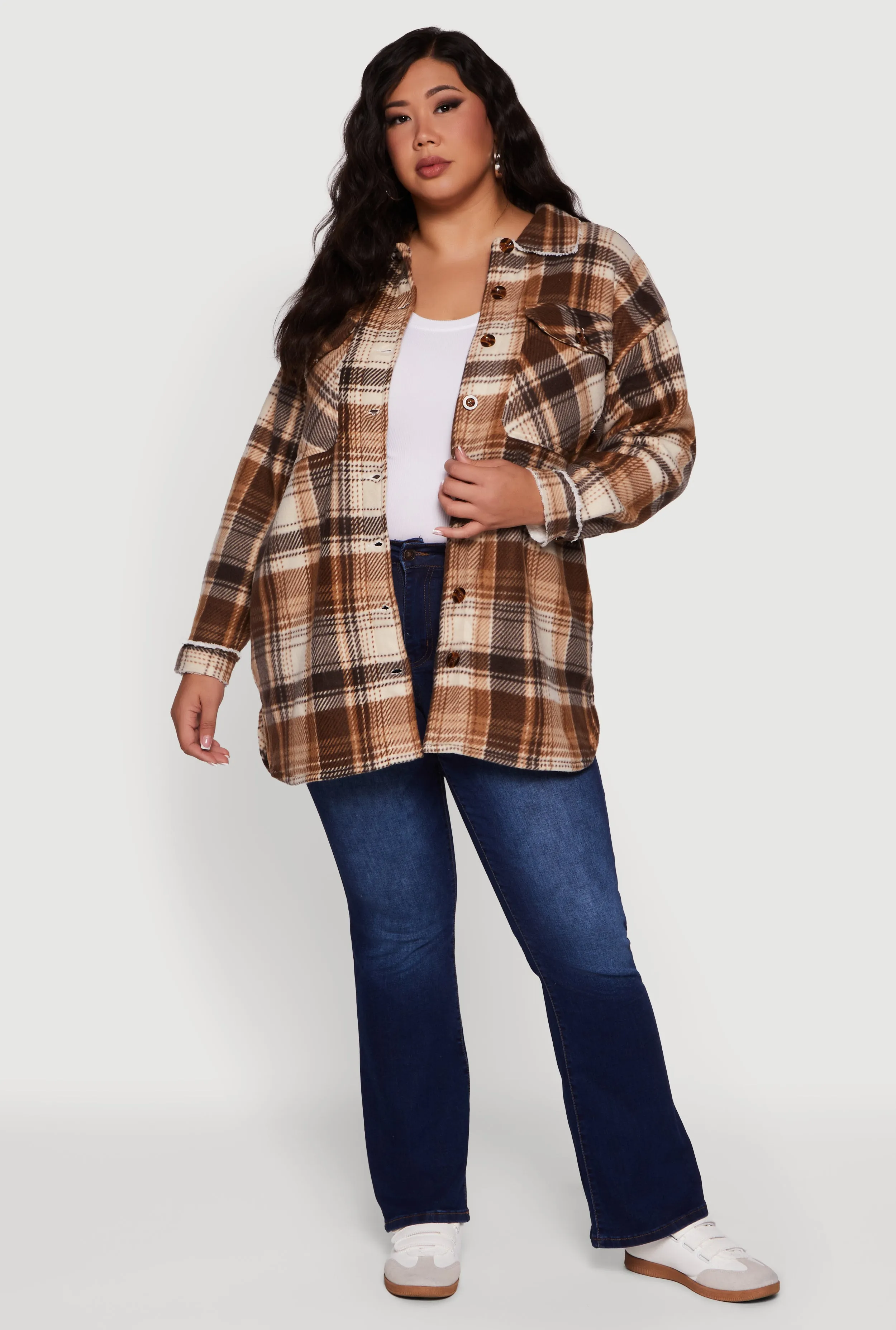 Plus Size Sherpa Lined Flap Pocket Long Button Front Shacket sold by Rainbow product image thumbnail 3