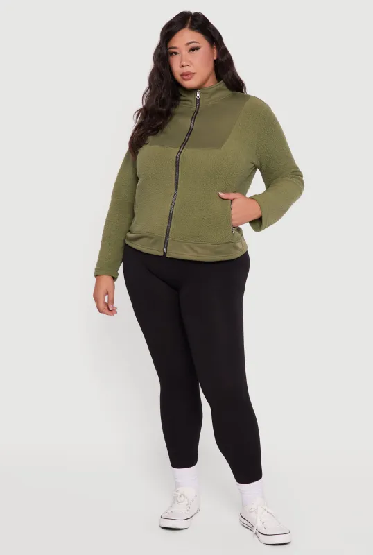 Plus Size Sherpa Long Sleeve Mock Neck Zip Front Jacket sold by Rainbow