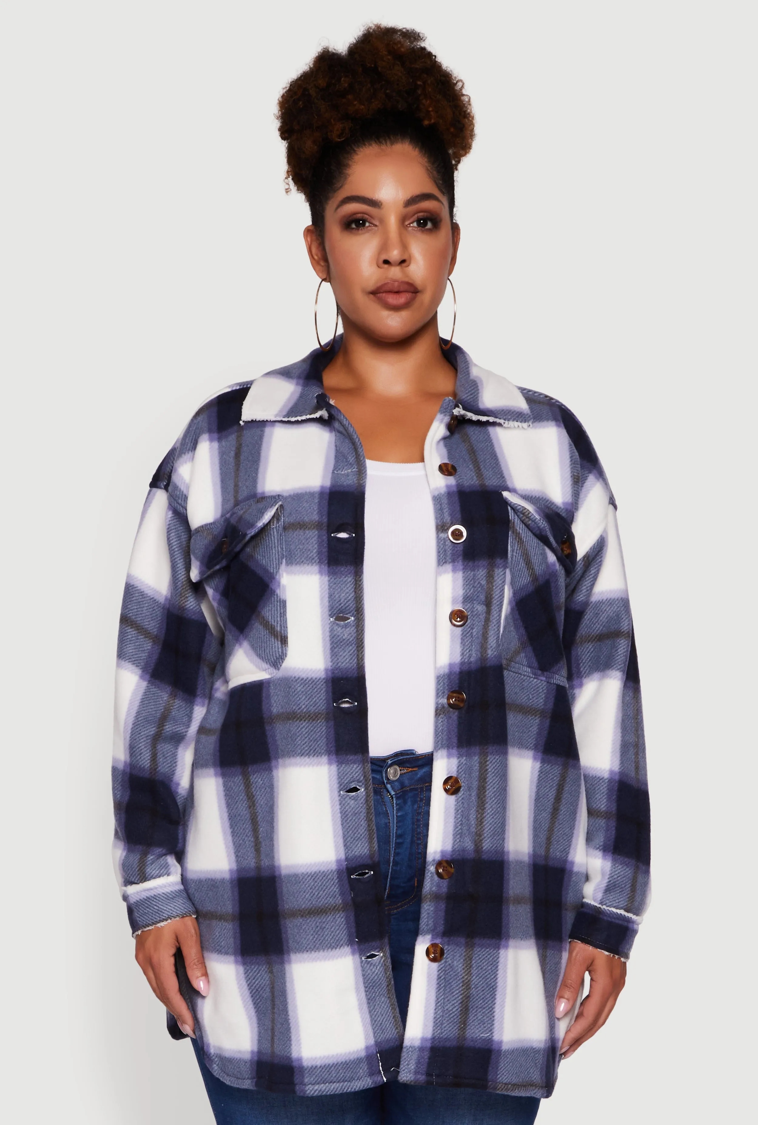 Plus Size Sherpa Lined Flap Pocket Long Button Front Shacket sold by Rainbow product image thumbnail 2