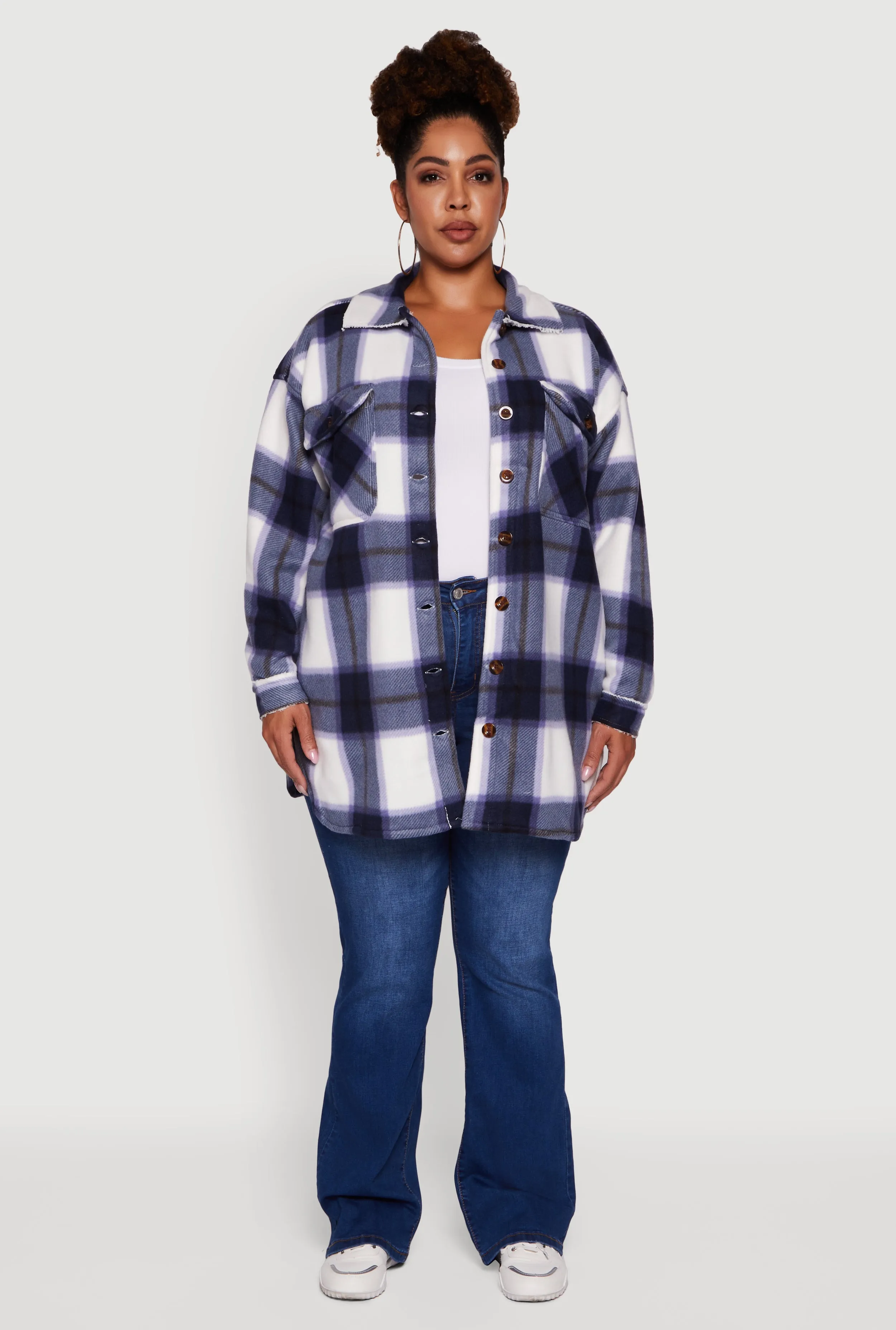 Plus Size Sherpa Lined Flap Pocket Long Button Front Shacket sold by Rainbow product image thumbnail 3