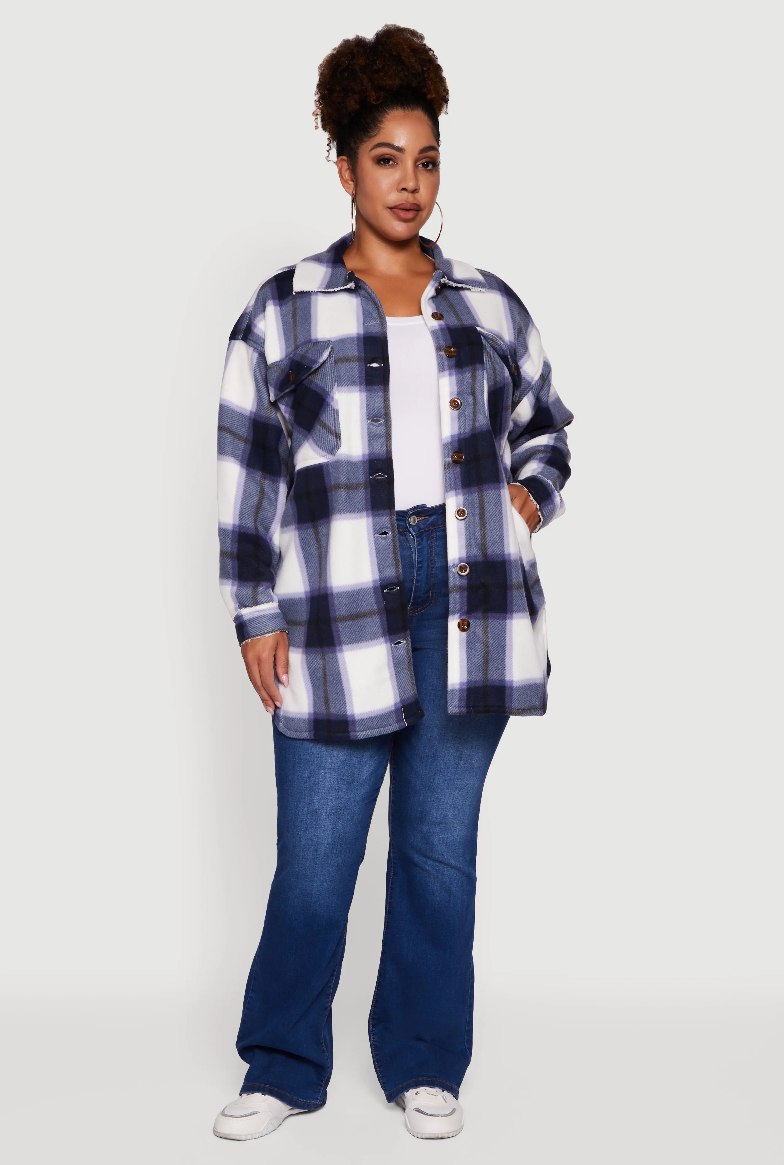 Plus Size Sherpa Lined Flap Pocket Long Button Front Shacket sold by Rainbow