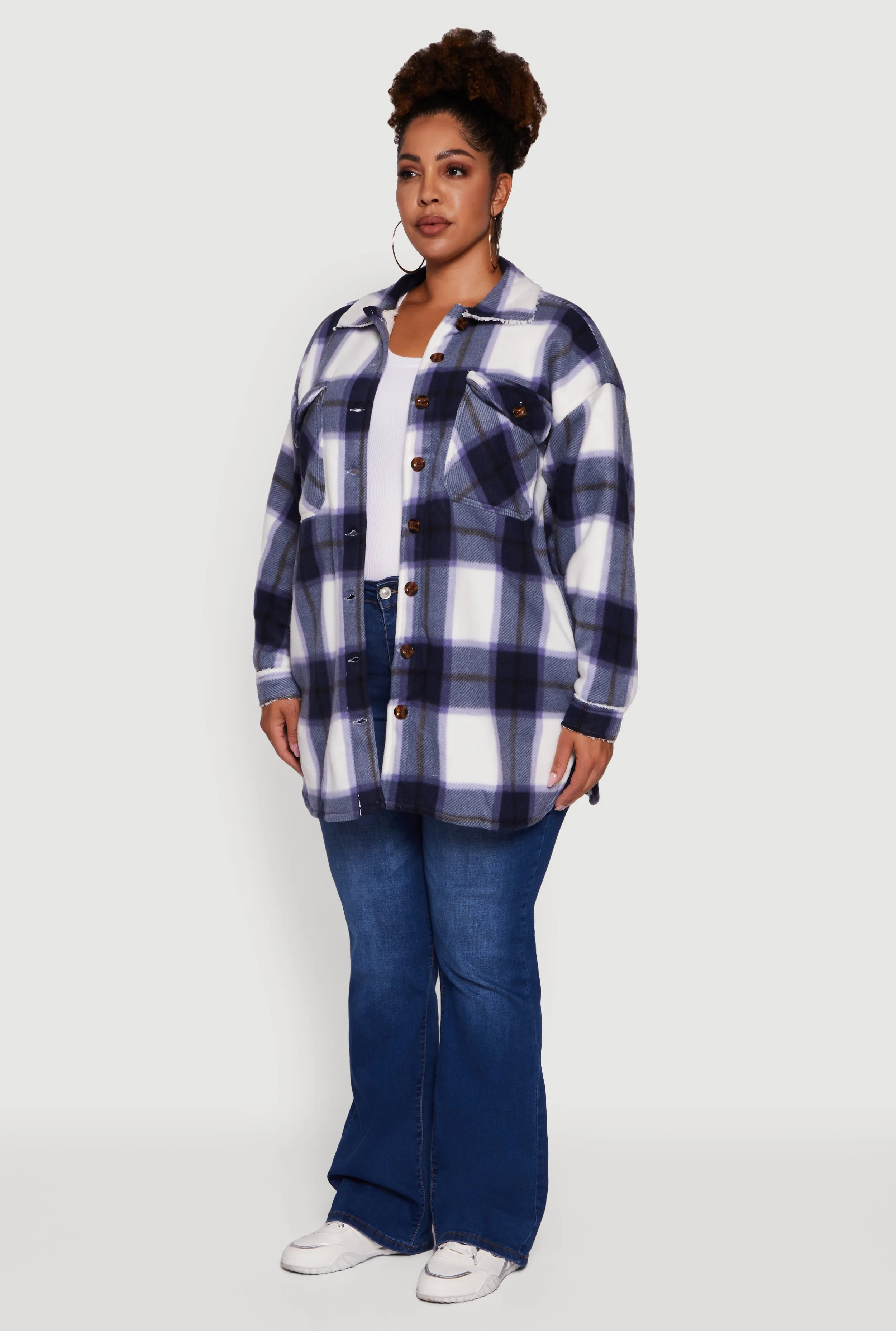 Plus Size Sherpa Lined Flap Pocket Long Button Front Shacket sold by Rainbow product image thumbnail 5