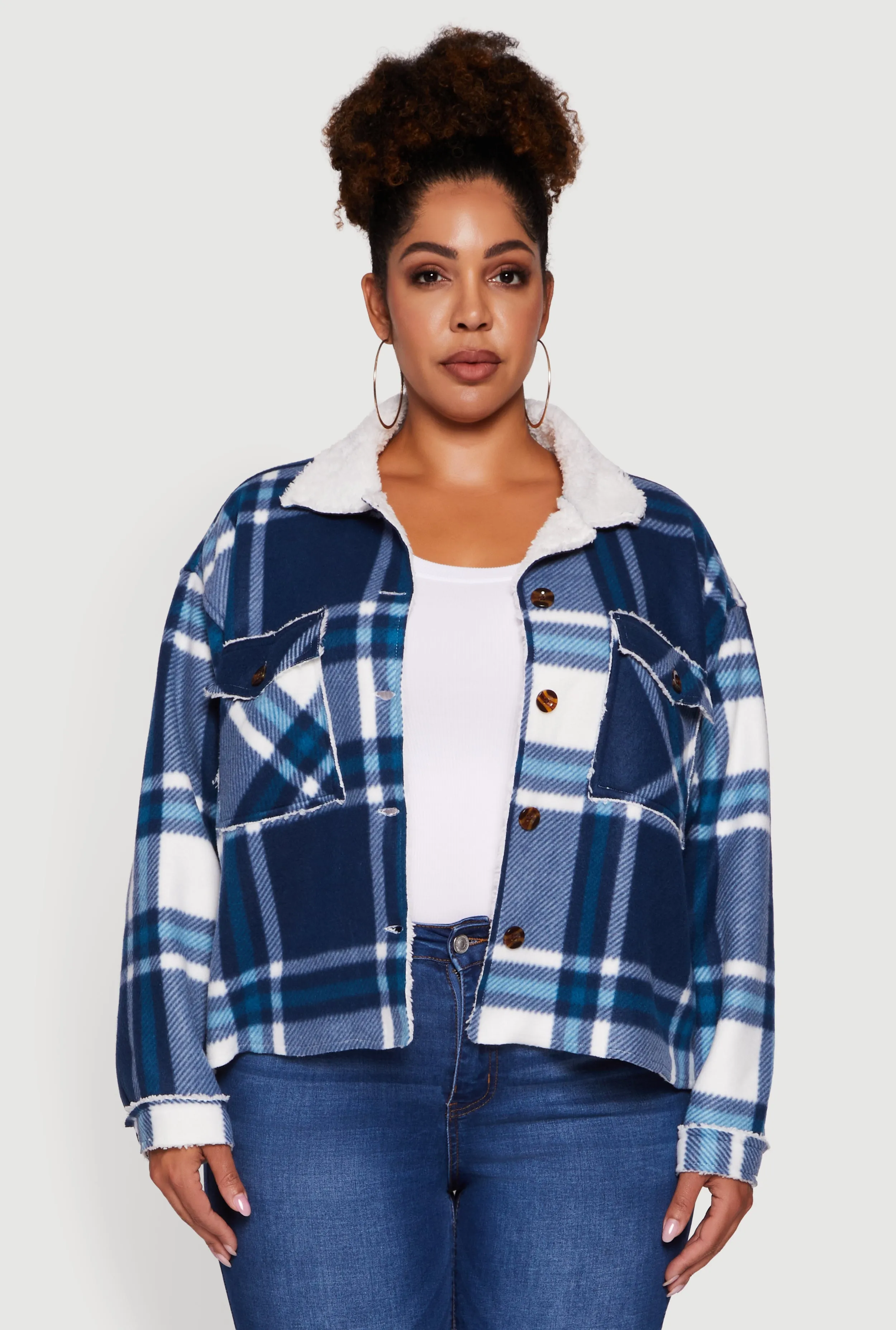 Plus Size Plaid Sherpa Lined Fleece Button Front Jacket sold by Rainbow product image thumbnail 2