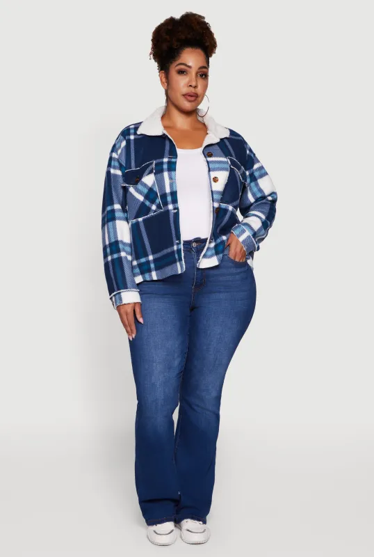 Plus Size Plaid Sherpa Lined Fleece Button Front Jacket sold by Rainbow