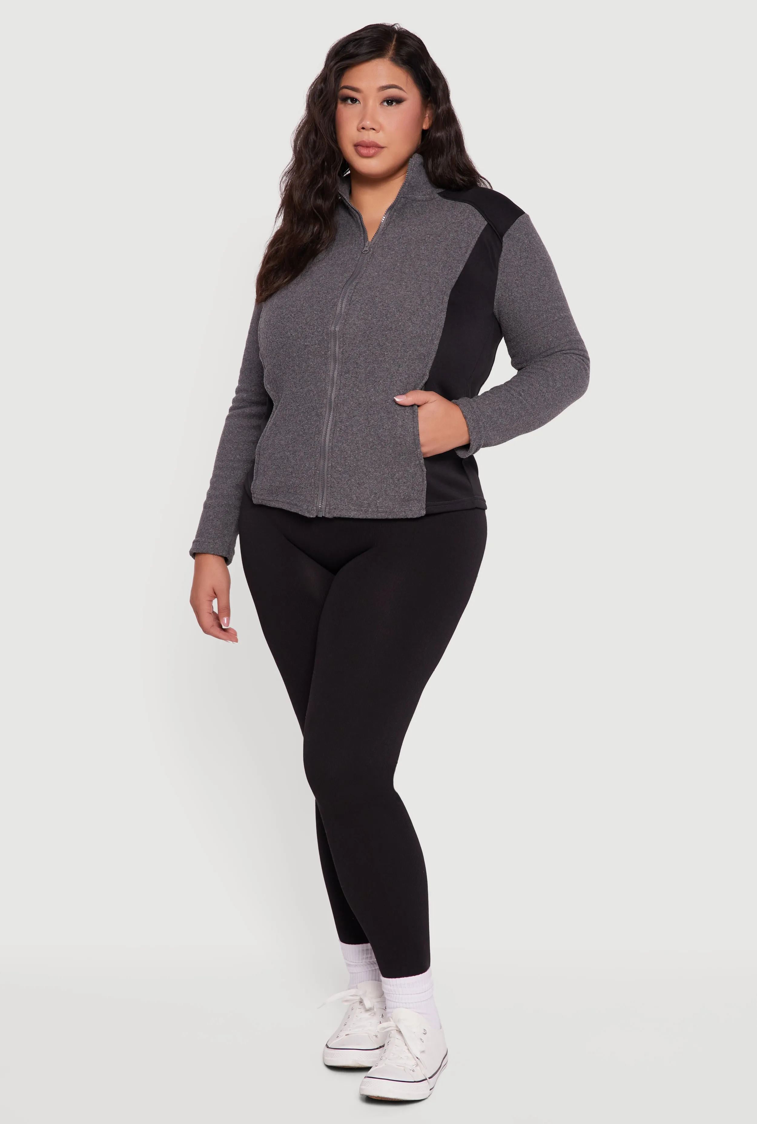 Plus Size Fleece Zip Front Mock Neck Long Sleeve Jacket sold by Rainbow