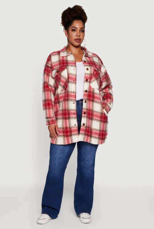 Plus Size Sherpa Lined Flap Pocket Long Button Front Shacket sold by Rainbow