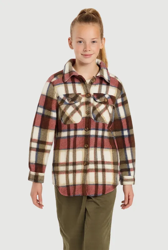 Girls Plaid Sherpa Lined Brushed Fleece Shacket sold by Rainbow