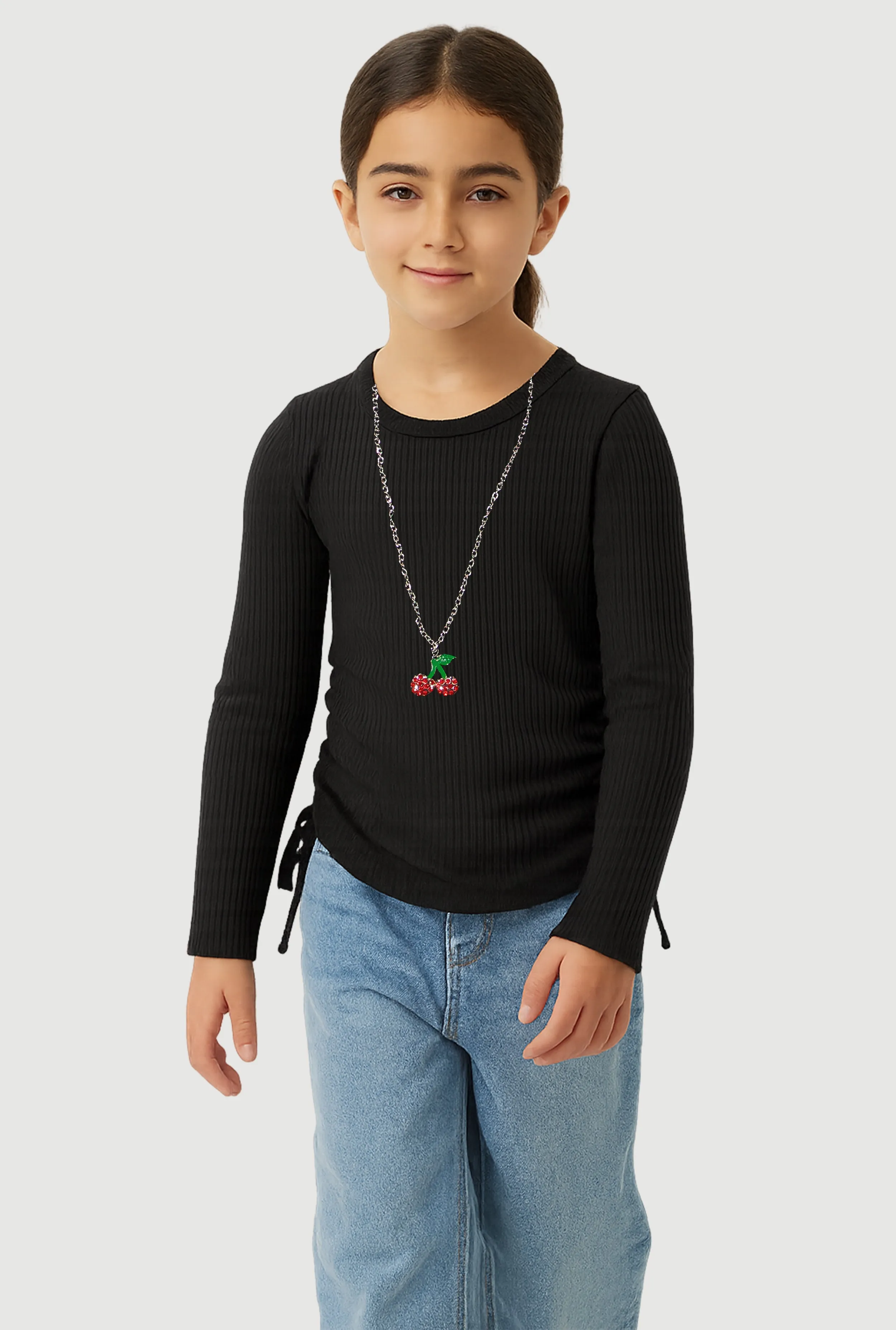 Little Girls Ribbed Knit Top with Removable Cherry Necklace sold by Rainbow product image thumbnail 2