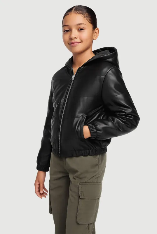 Girls Faux Leather Hooded Puffer Jacket sold by Rainbow