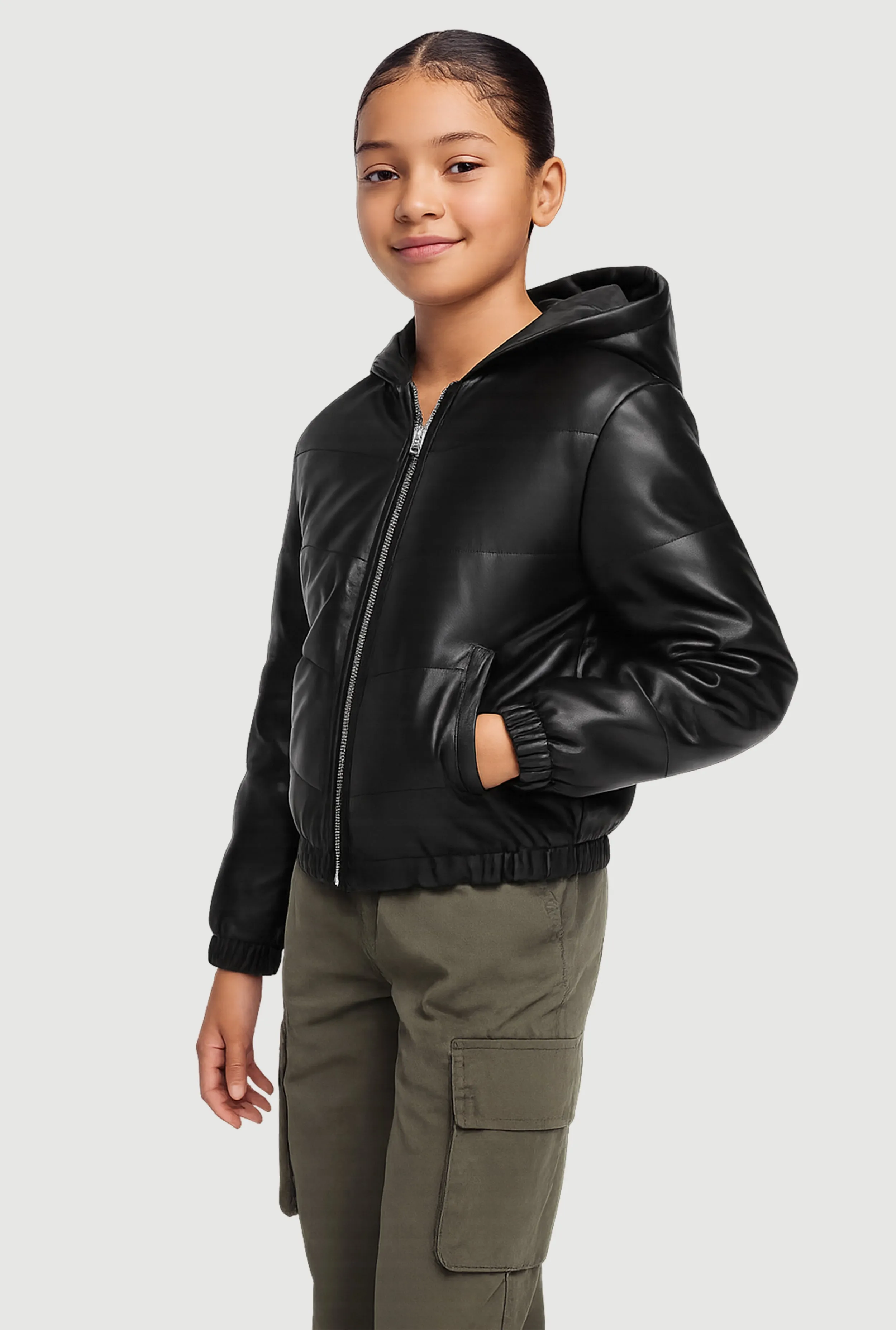 Girls Faux Leather Hooded Puffer Jacket sold by Rainbow