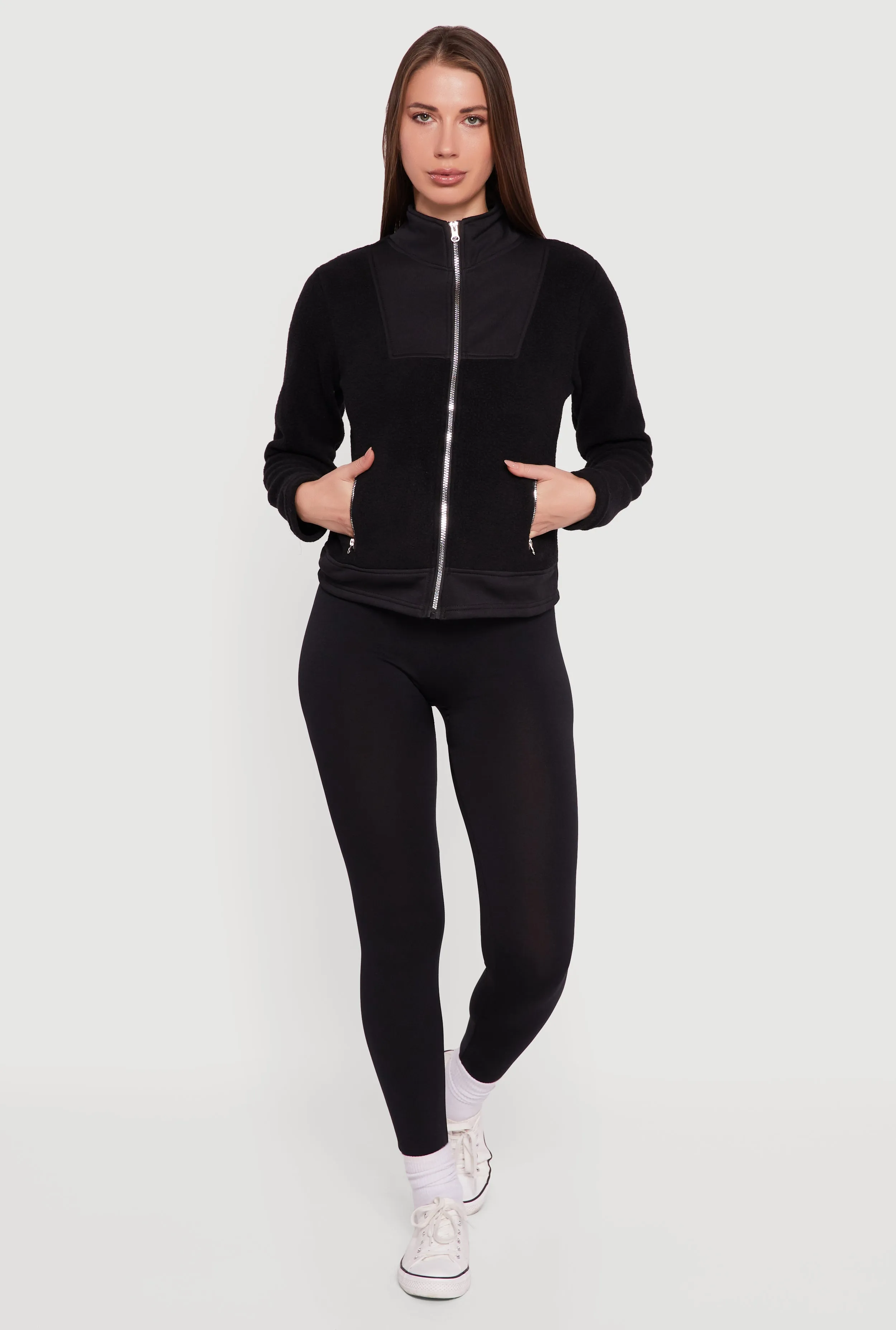 Faux Pocket Zip Front Mock Neck Fleece Jacket sold by Rainbow