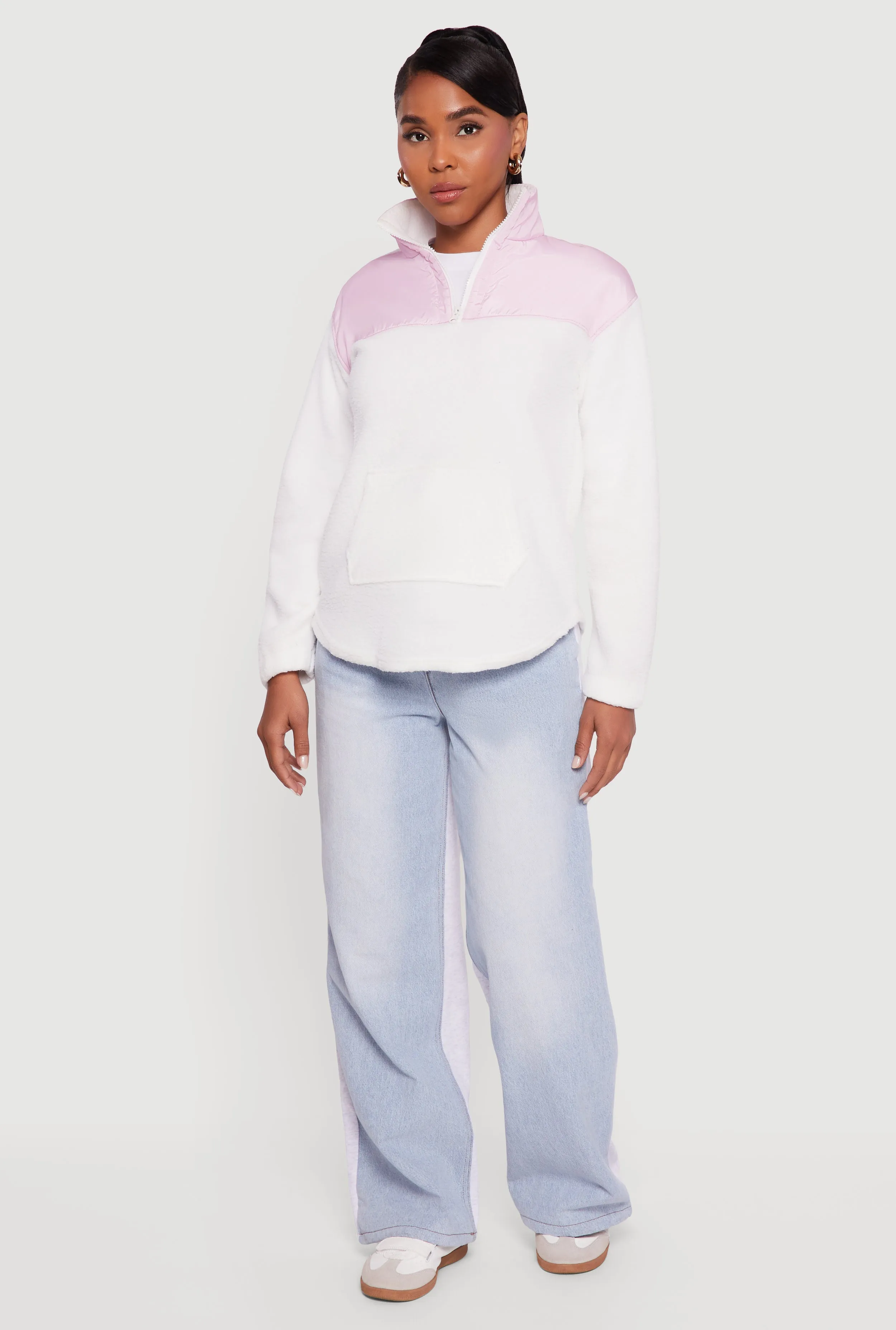 Nylon Detail Zip Front Fleece Sweatshirt sold by Rainbow