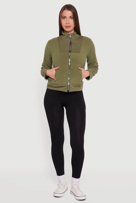 Faux Pocket Zip Front Mock Neck Fleece Jacket sold by Rainbow