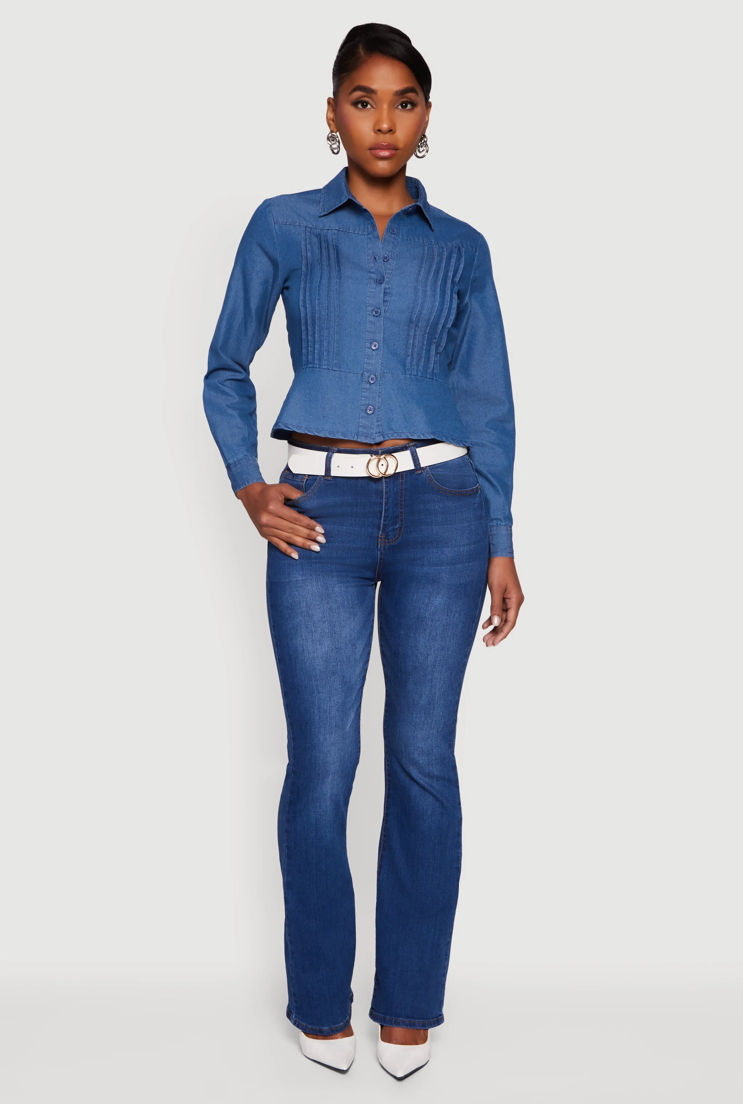 Chambray Peplum Button Front Shirt sold by Rainbow