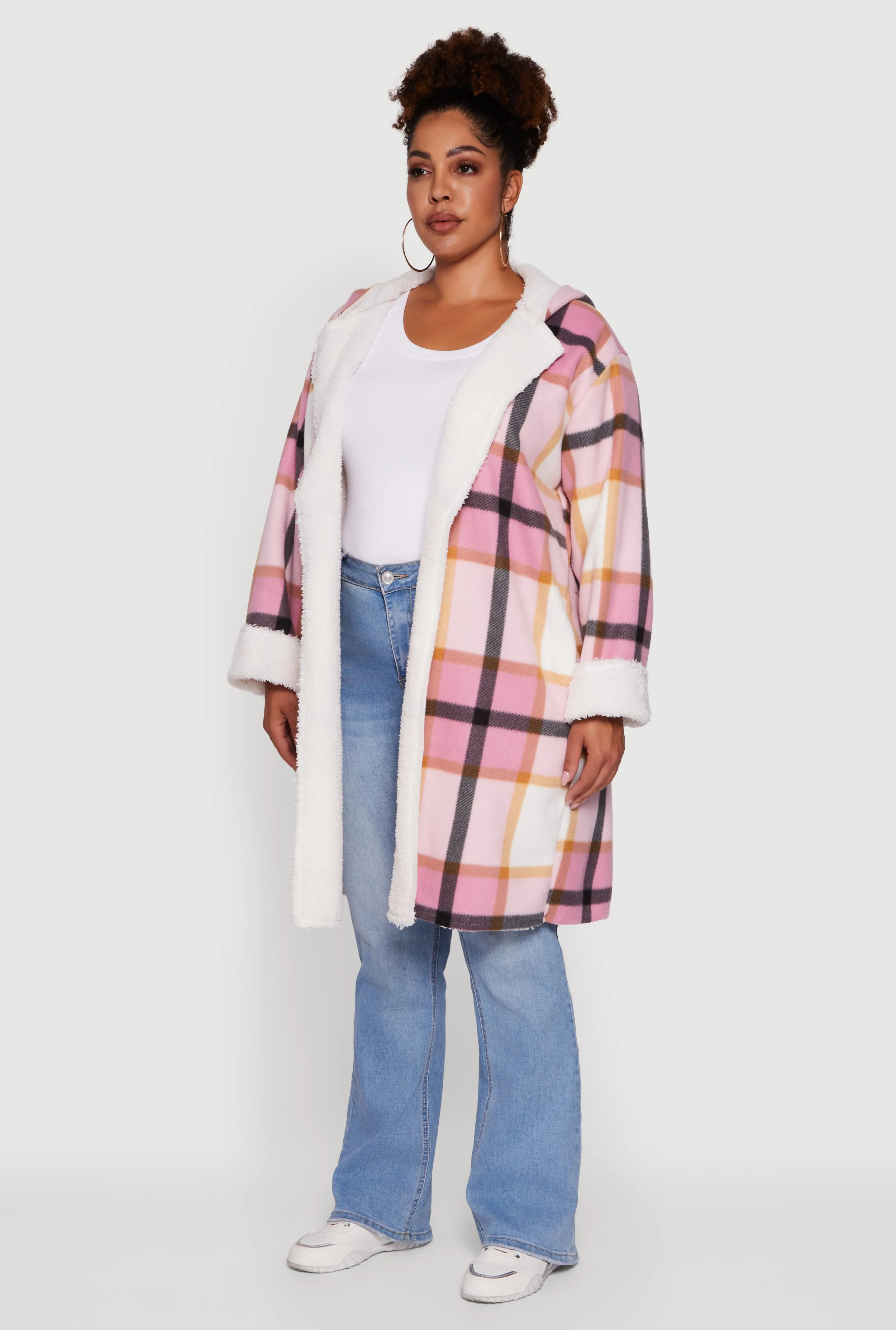 Plus Size Plaid Sherpa Lined Long Open Front Hooded Shacket sold by Rainbow product image thumbnail 5