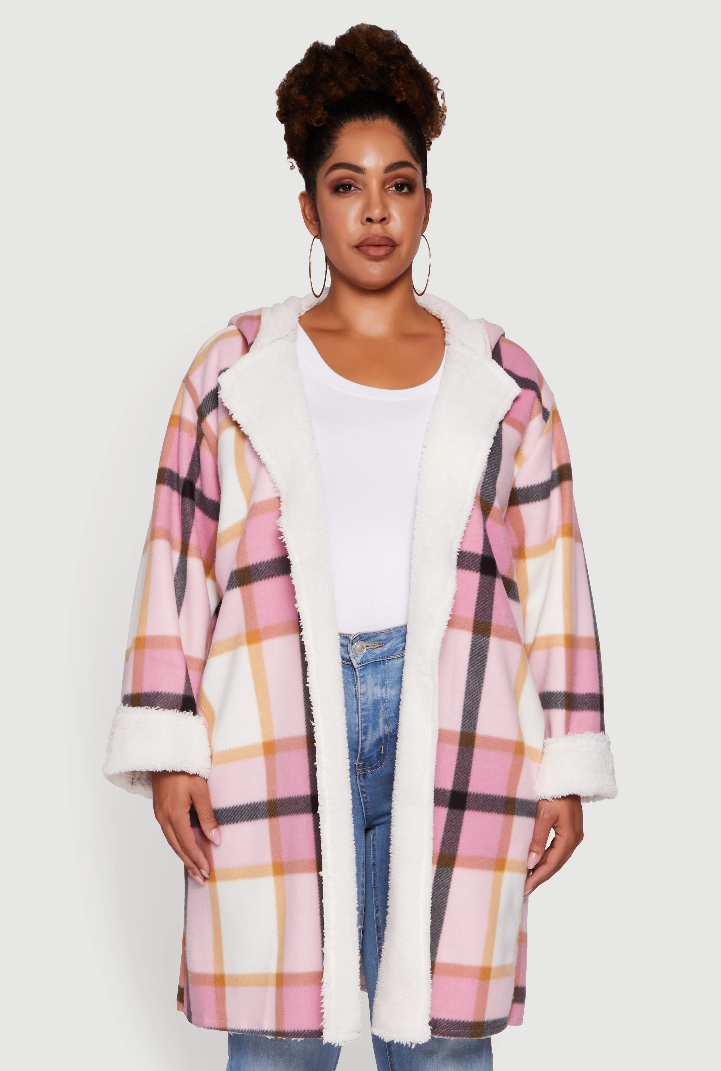 Plus Size Plaid Sherpa Lined Long Open Front Hooded Shacket sold by Rainbow product image thumbnail 2