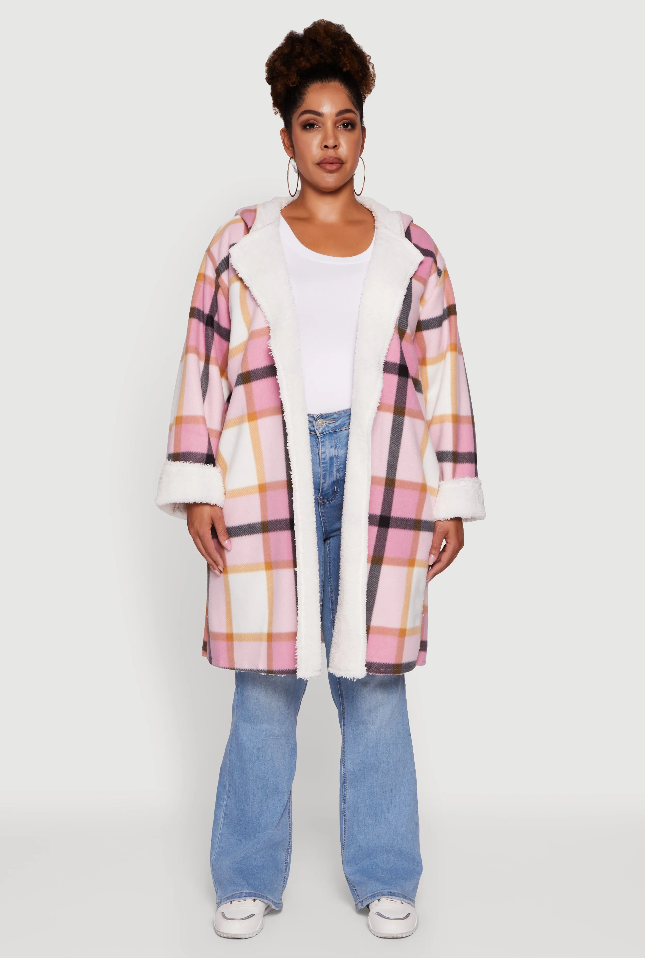 Plus Size Plaid Sherpa Lined Long Open Front Hooded Shacket sold by Rainbow product image thumbnail 3