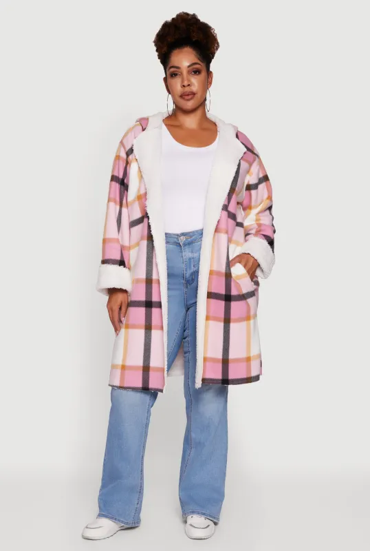 Plus Size Plaid Sherpa Lined Long Open Front Hooded Shacket sold by Rainbow