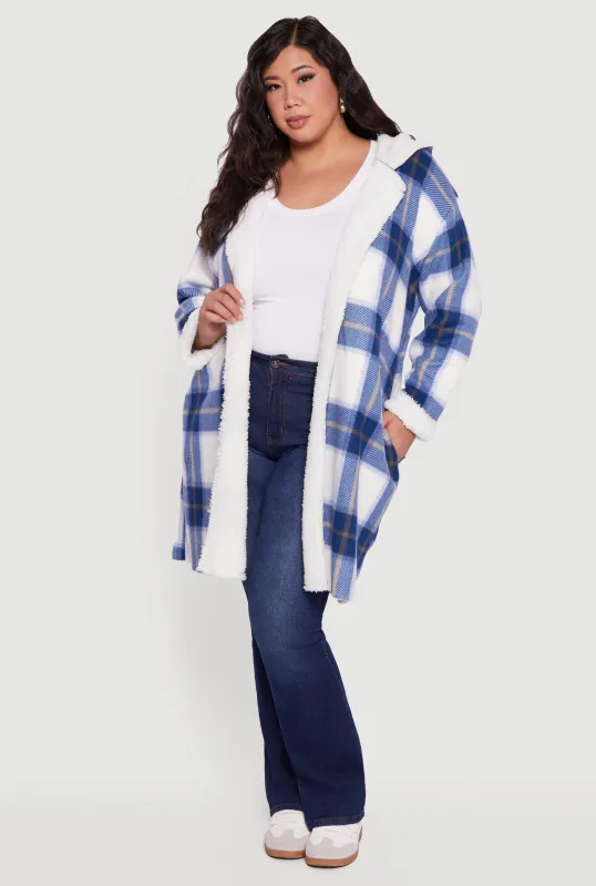Plus Size Plaid Sherpa Lined Long Open Front Hooded Shacket sold by Rainbow