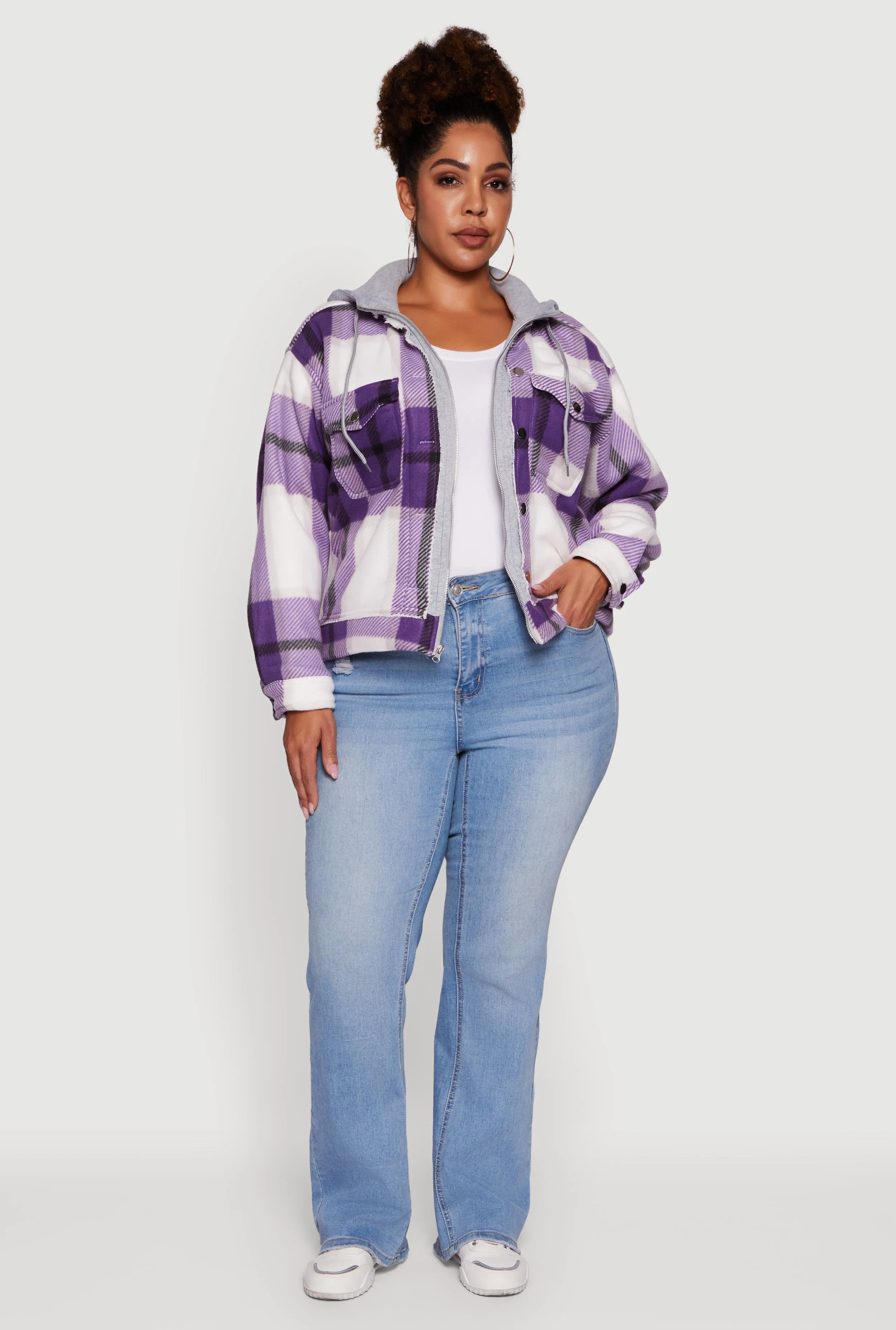 Plus Size Plaid Sherpa Lined Hooded Shacket sold by Rainbow product image thumbnail 2