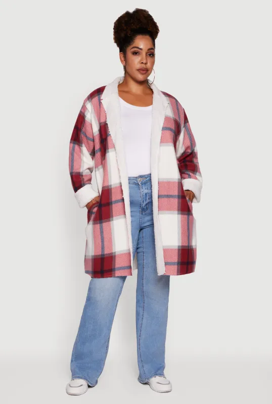 Plus Size Sherpa Lined Long Open Front Shacket sold by Rainbow