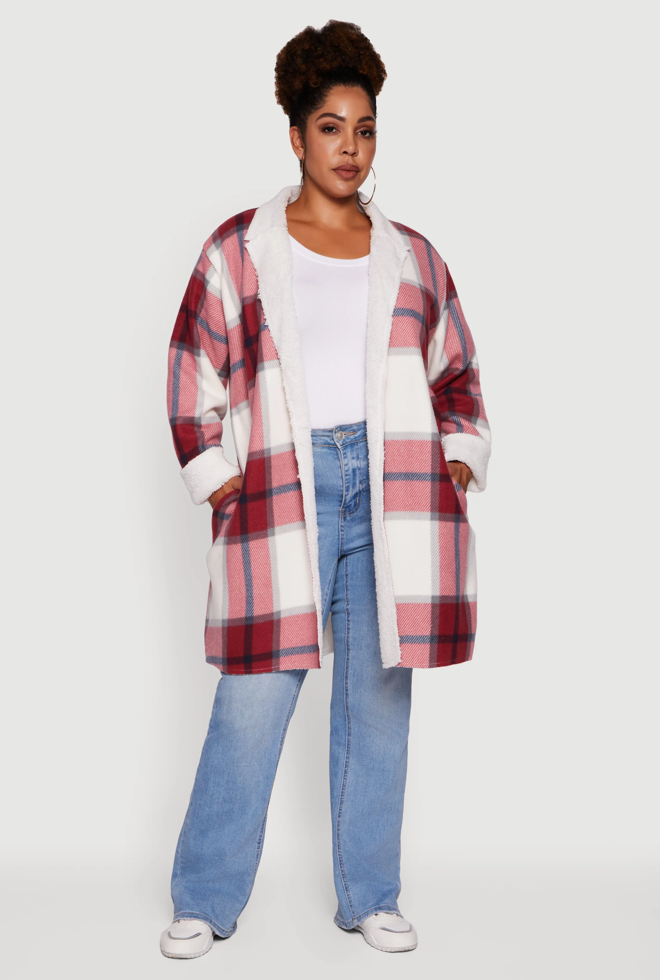 Plus Size Sherpa Lined Long Open Front Shacket sold by Rainbow