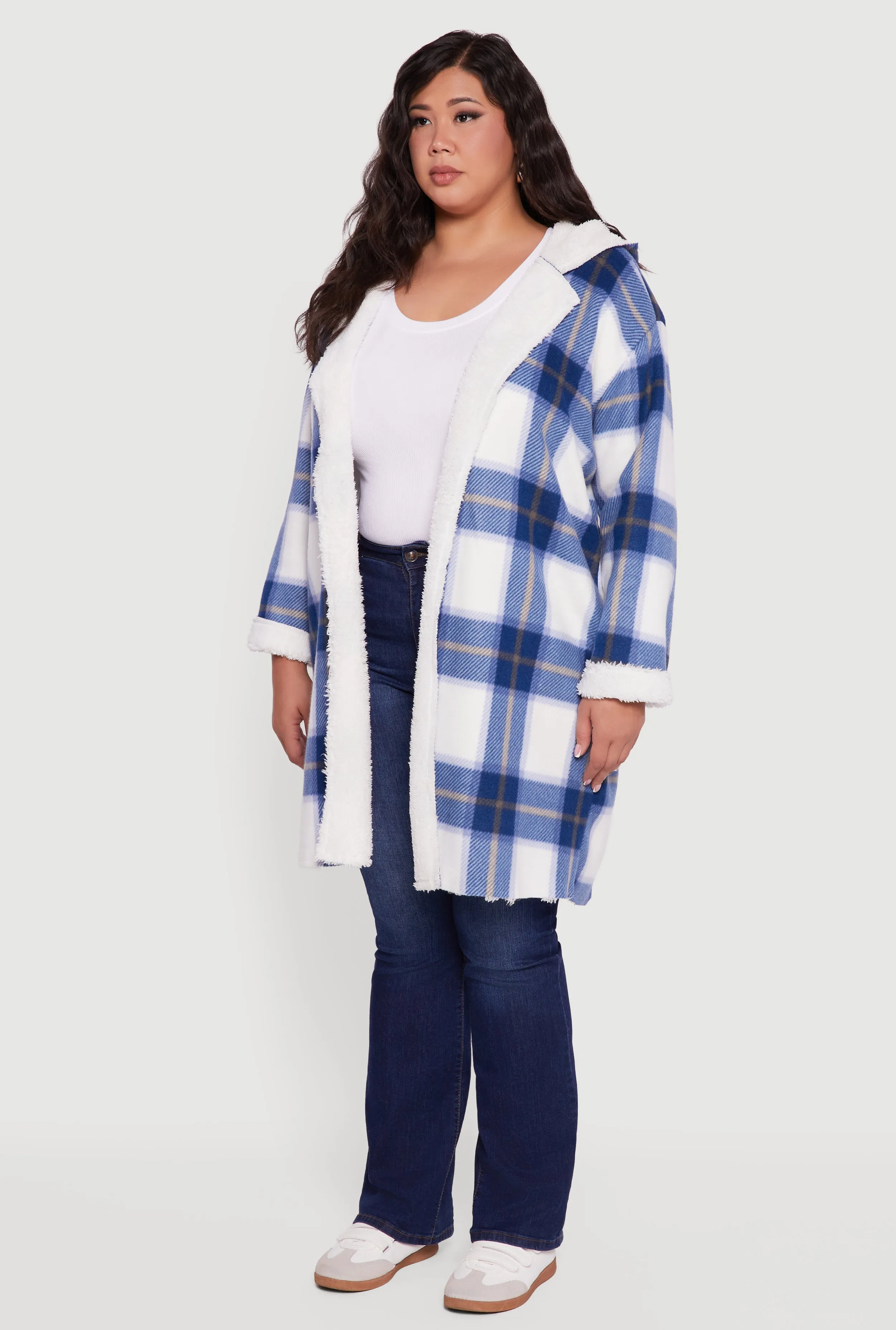 Plus Size Plaid Sherpa Lined Long Open Front Hooded Shacket sold by Rainbow product image thumbnail 5