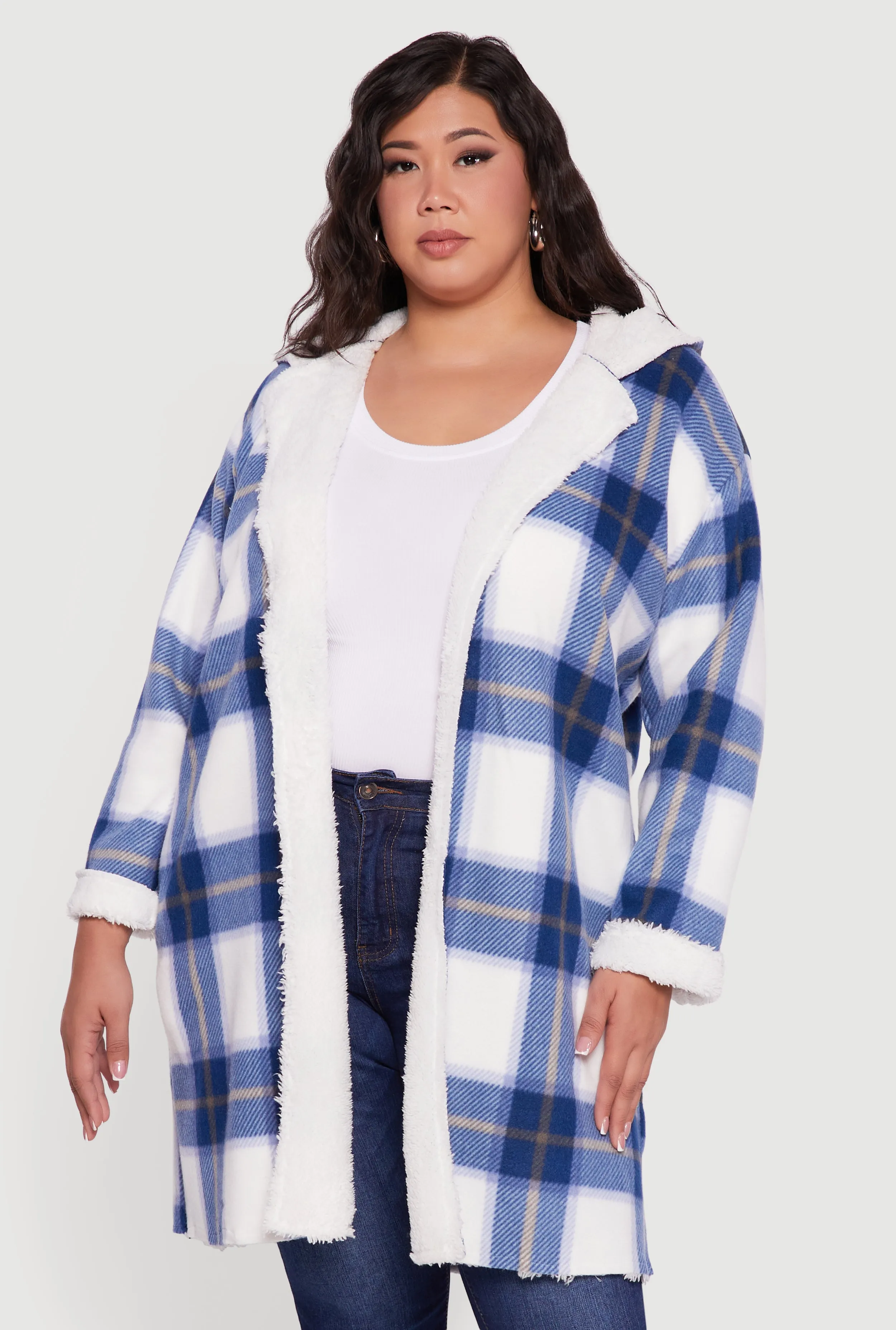 Plus Size Plaid Sherpa Lined Long Open Front Hooded Shacket sold by Rainbow product image thumbnail 2