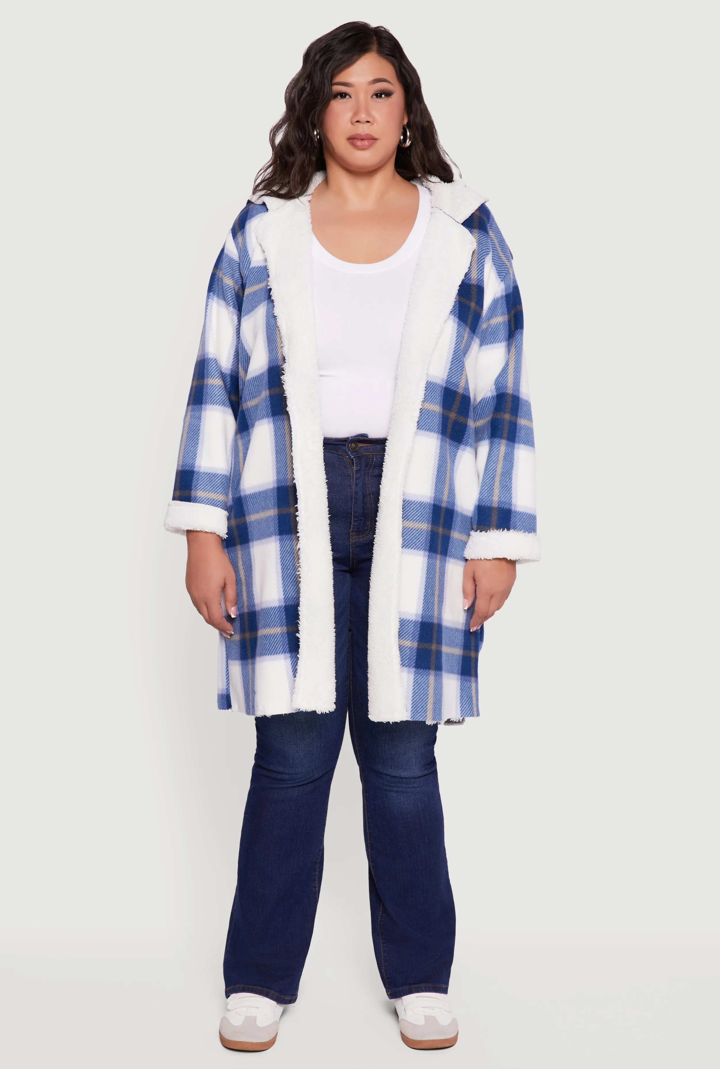 Plus Size Plaid Sherpa Lined Long Open Front Hooded Shacket sold by Rainbow product image thumbnail 3