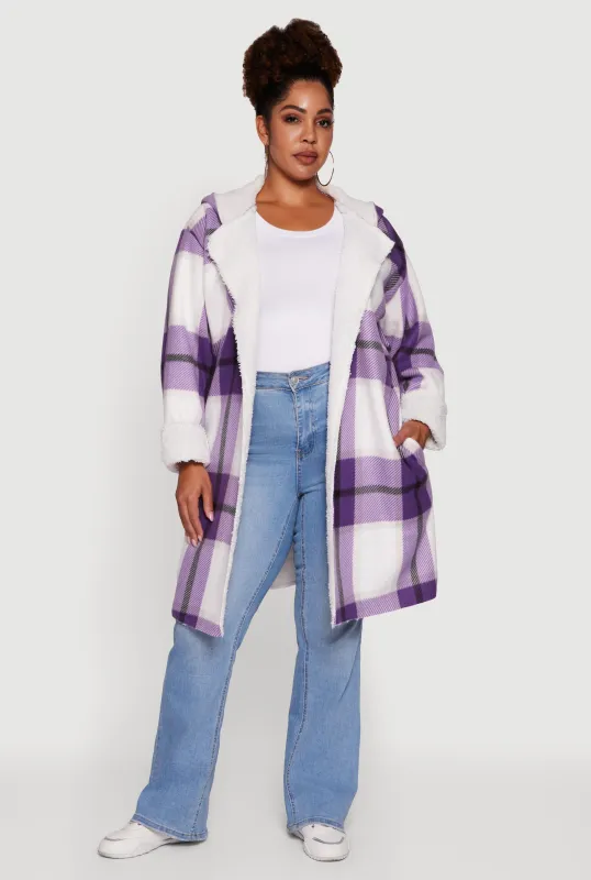 Plus Size Plaid Sherpa Lined Long Open Front Hooded Shacket sold by Rainbow