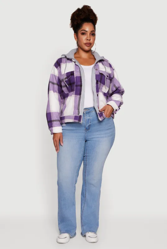 Plus Size Plaid Sherpa Lined Hooded Shacket sold by Rainbow