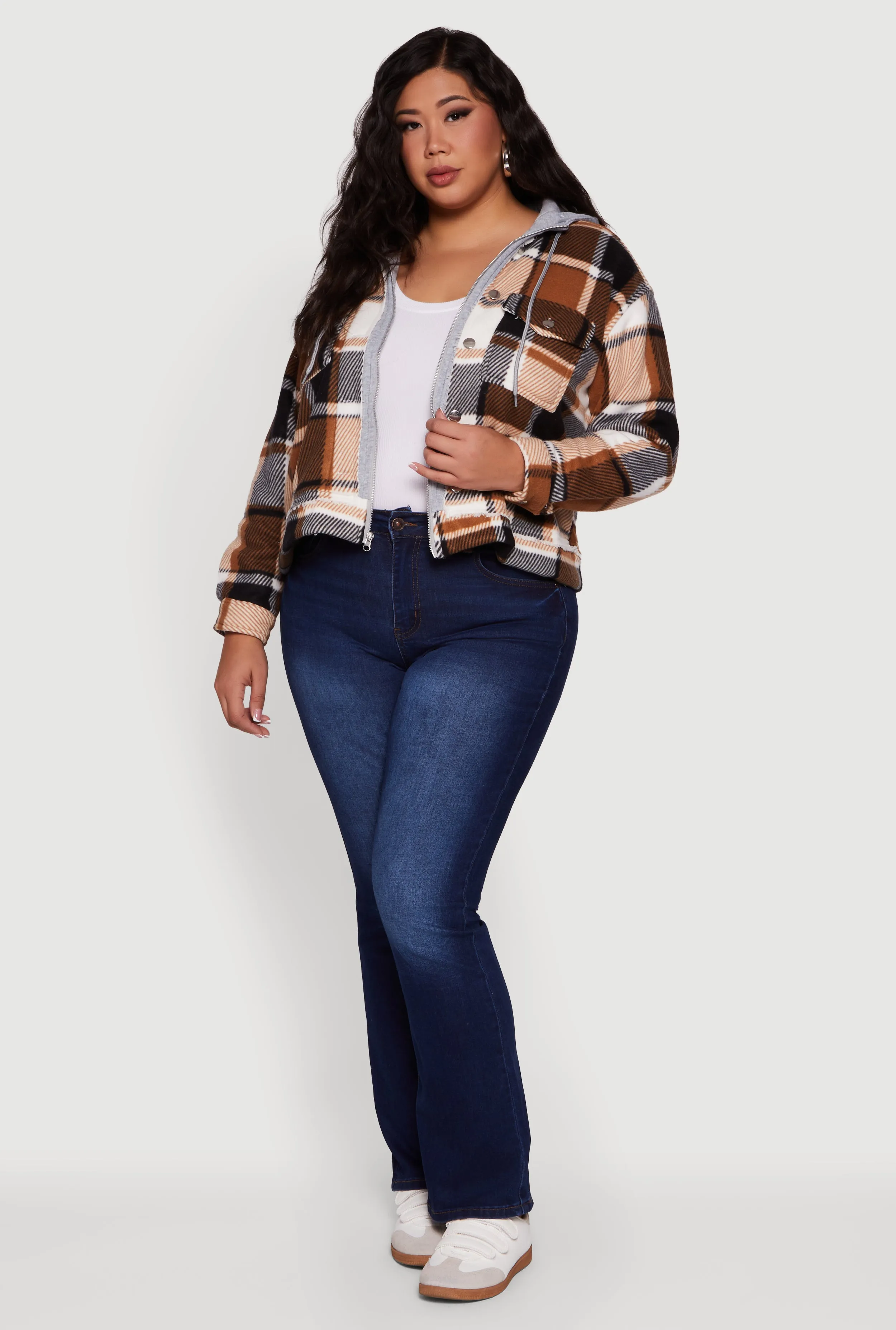 Plus Size Plaid Sherpa Lined Hooded Shacket sold by Rainbow