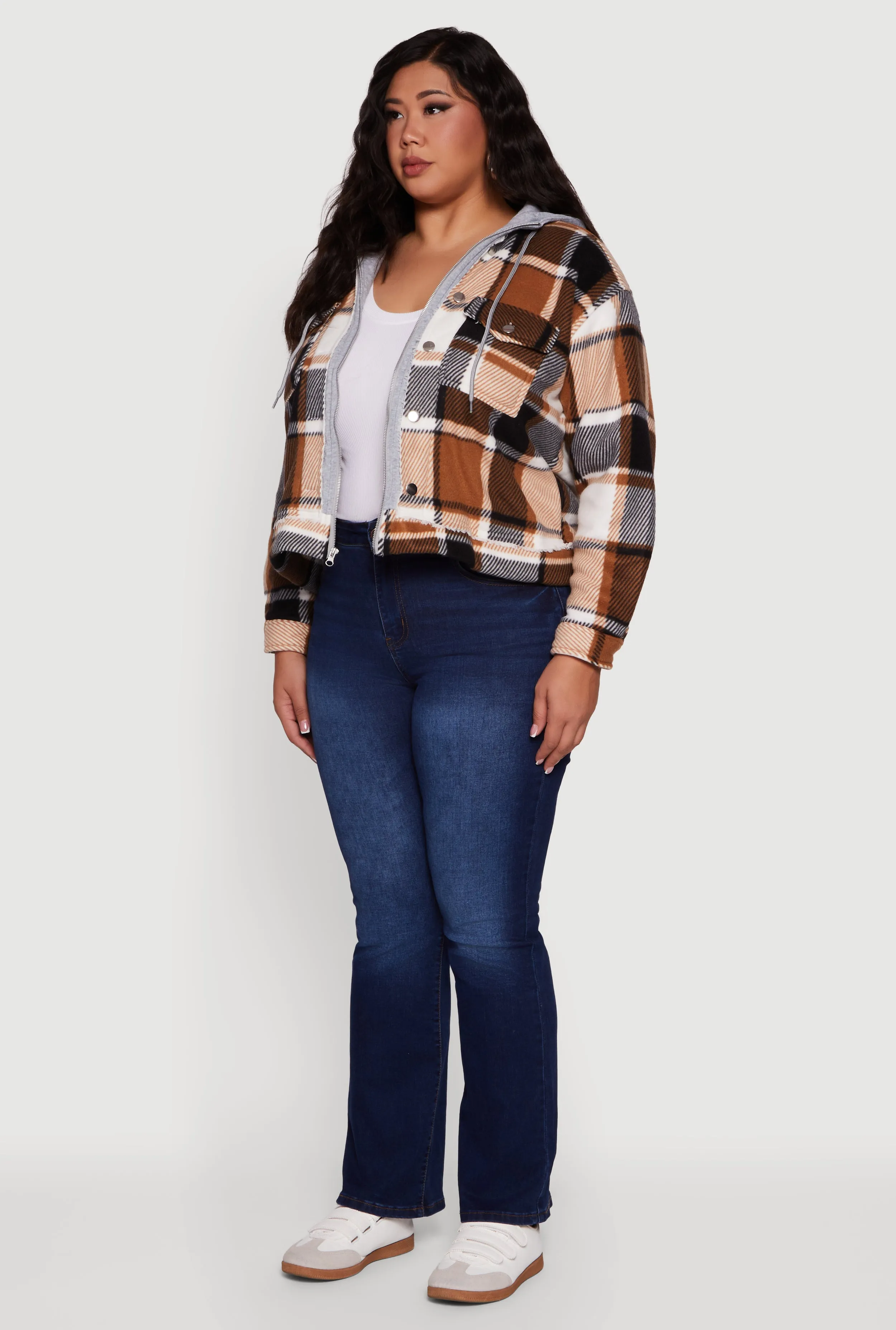 Plus Size Plaid Sherpa Lined Hooded Shacket sold by Rainbow product image thumbnail 5