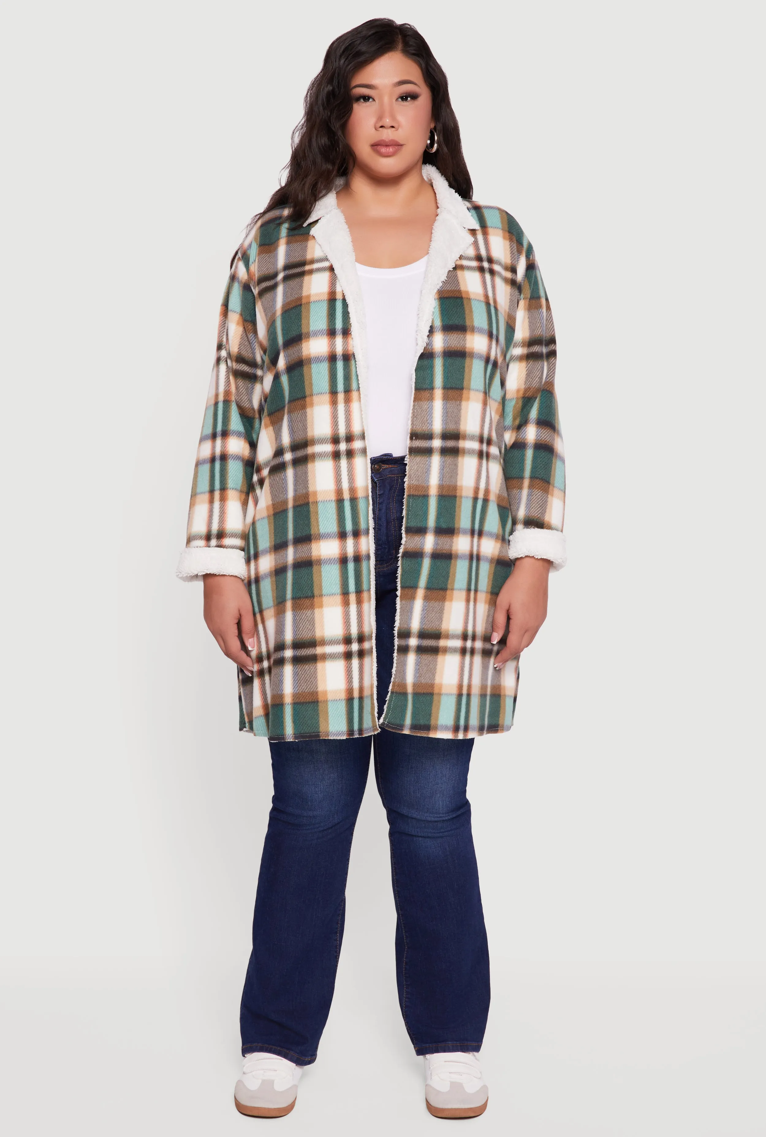 Plus Size Sherpa Lined Long Open Front Shacket sold by Rainbow product image thumbnail 3