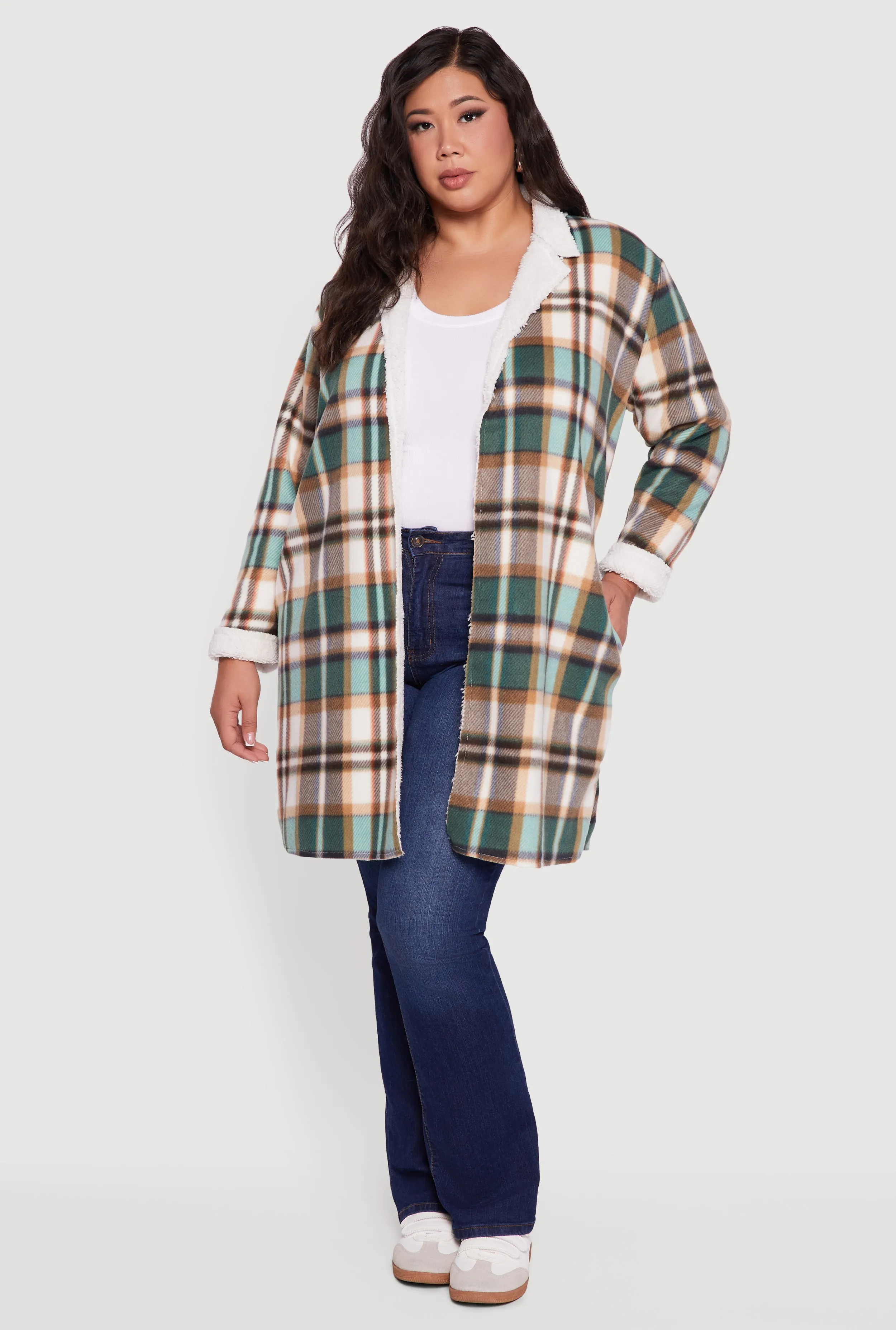 Plus Size Sherpa Lined Long Open Front Shacket sold by Rainbow