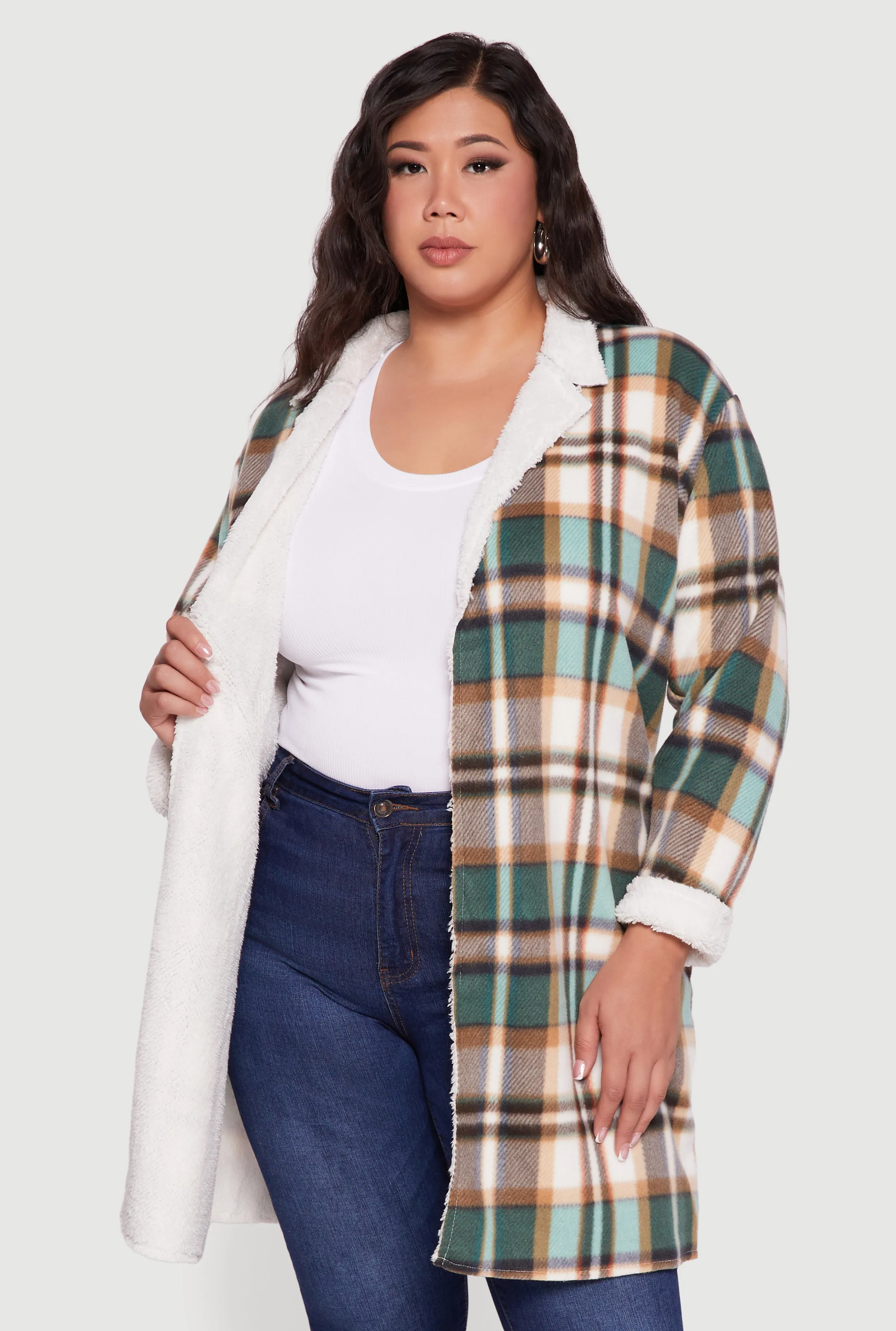 Plus Size Sherpa Lined Long Open Front Shacket sold by Rainbow product image thumbnail 2