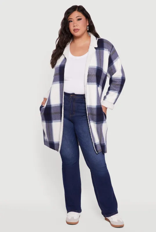 Plus Size Sherpa Lined Long Open Front Shacket sold by Rainbow