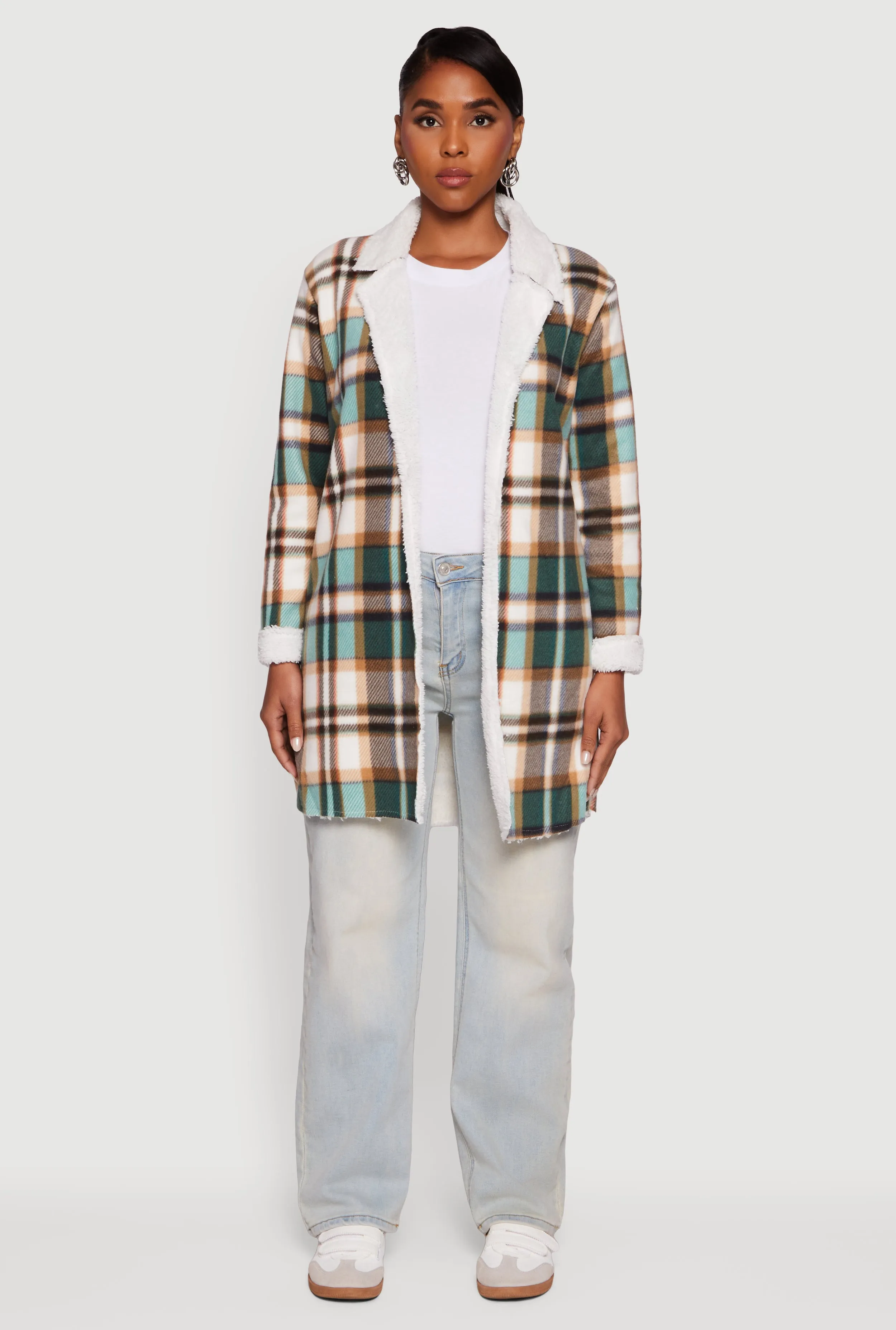 Plaid Sherpa Lined Fleece Collared Open Front Long Jacket sold by Rainbow product image thumbnail 3