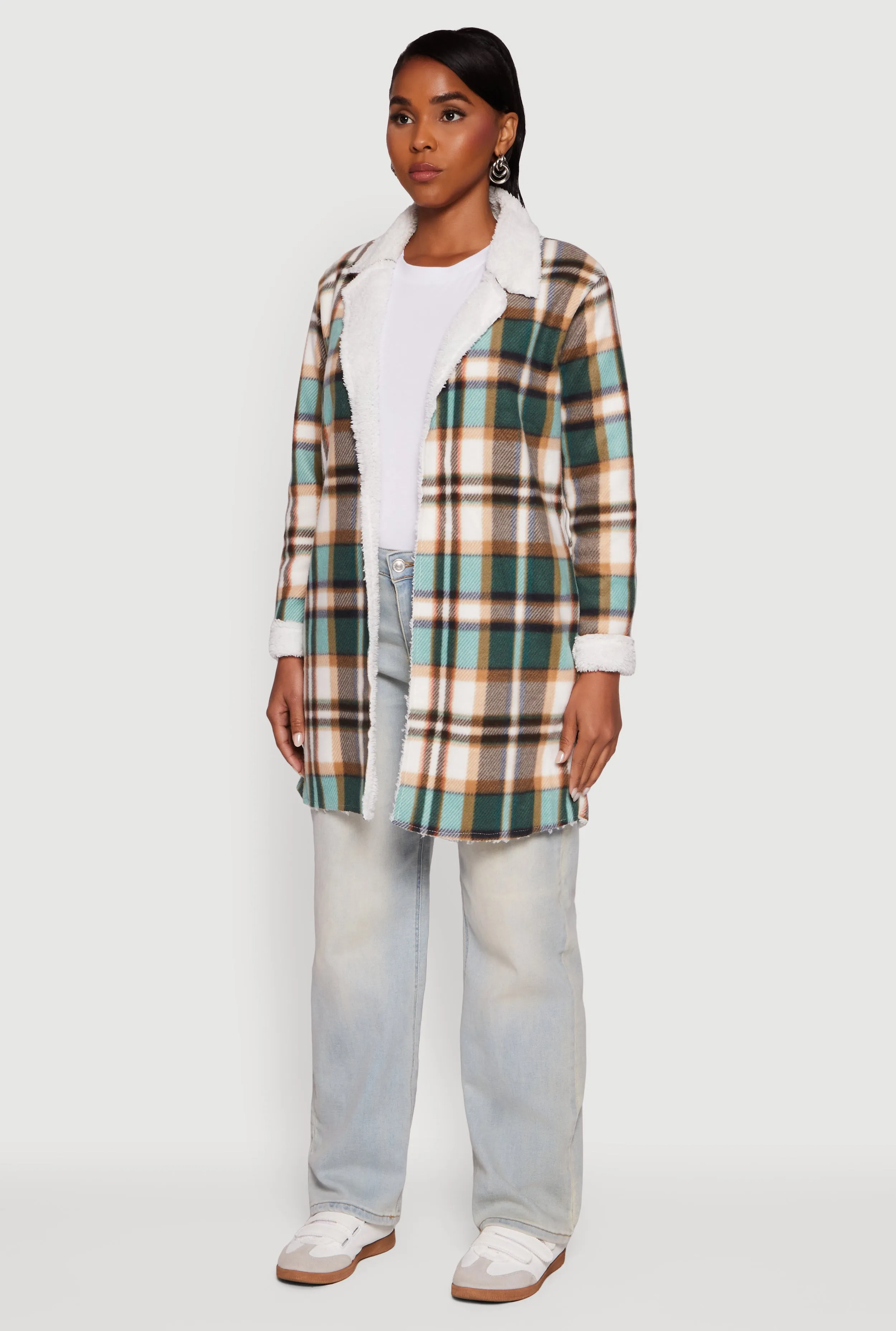 Plaid Sherpa Lined Fleece Collared Open Front Long Jacket sold by Rainbow product image thumbnail 5