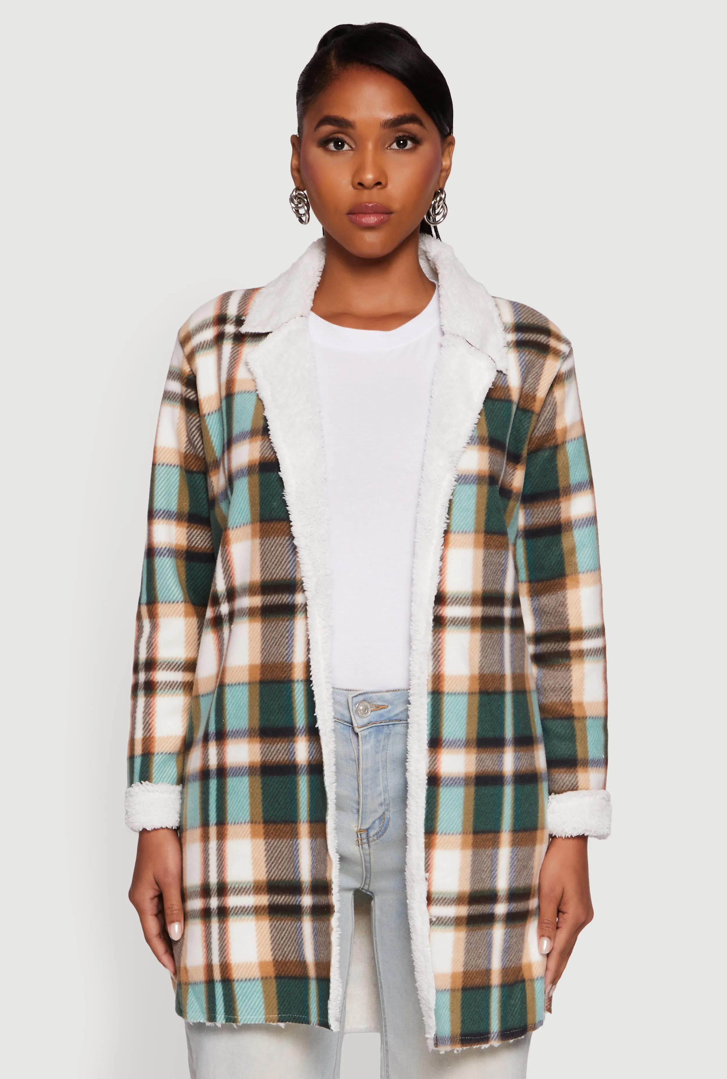 Plaid Sherpa Lined Fleece Collared Open Front Long Jacket sold by Rainbow product image thumbnail 2
