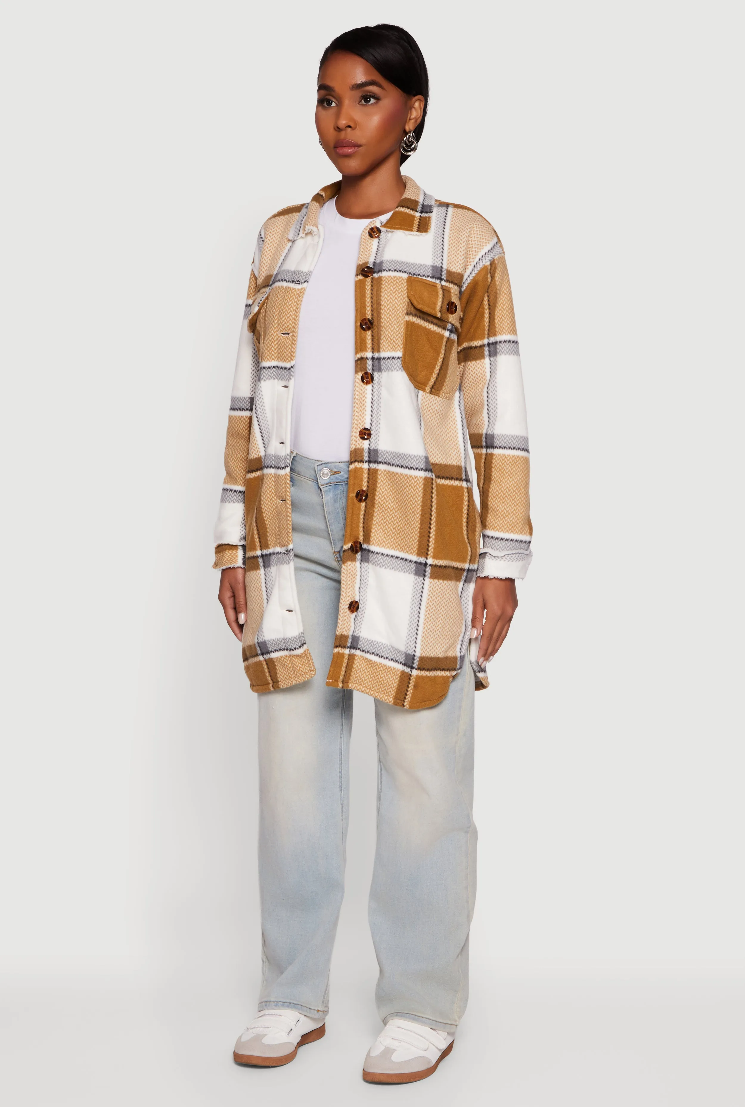 Plaid Sherpa Lined Fleece Button Front Long Shacket sold by Rainbow product image thumbnail 5