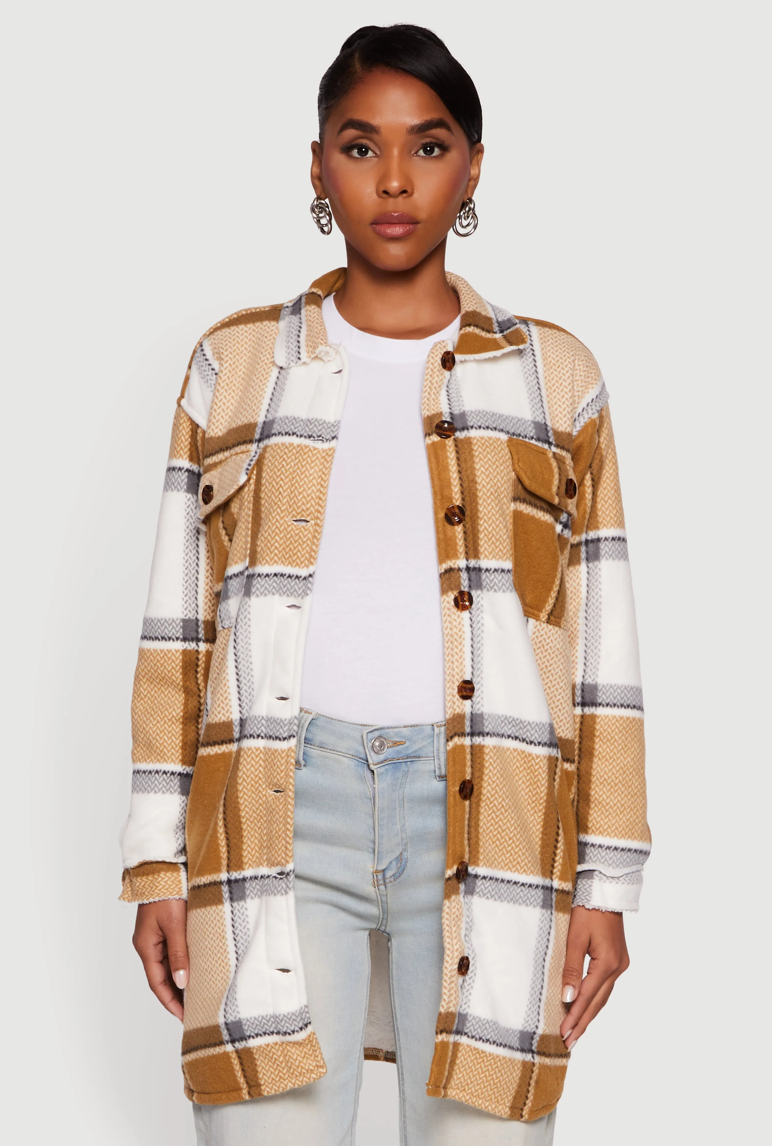 Plaid Sherpa Lined Fleece Button Front Long Shacket sold by Rainbow product image thumbnail 2