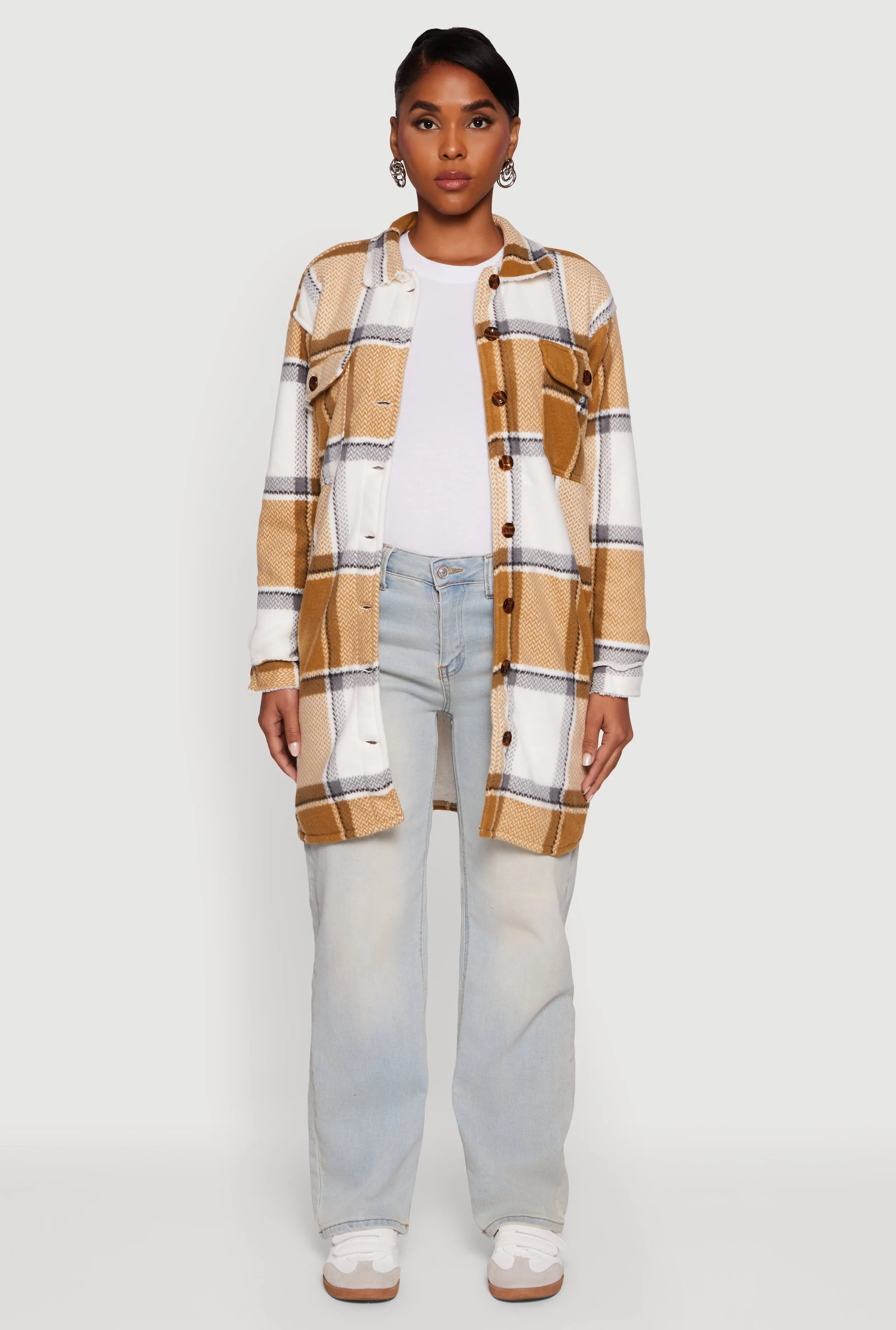 Plaid Sherpa Lined Fleece Button Front Long Shacket sold by Rainbow product image thumbnail 3