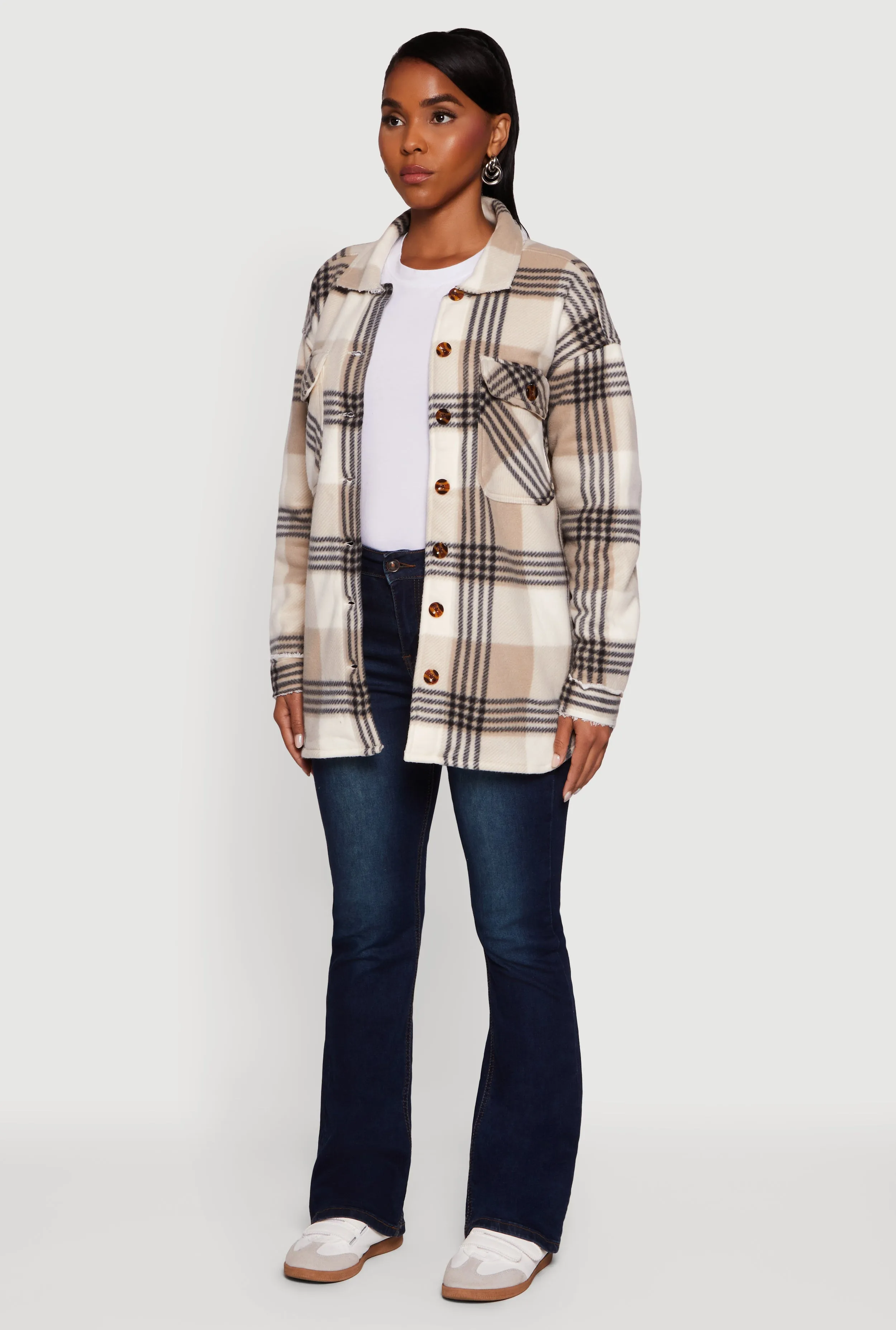 Plaid Sherpa Lined Fleece Long Sleeve Button Front Jacket sold by Rainbow product image thumbnail 5