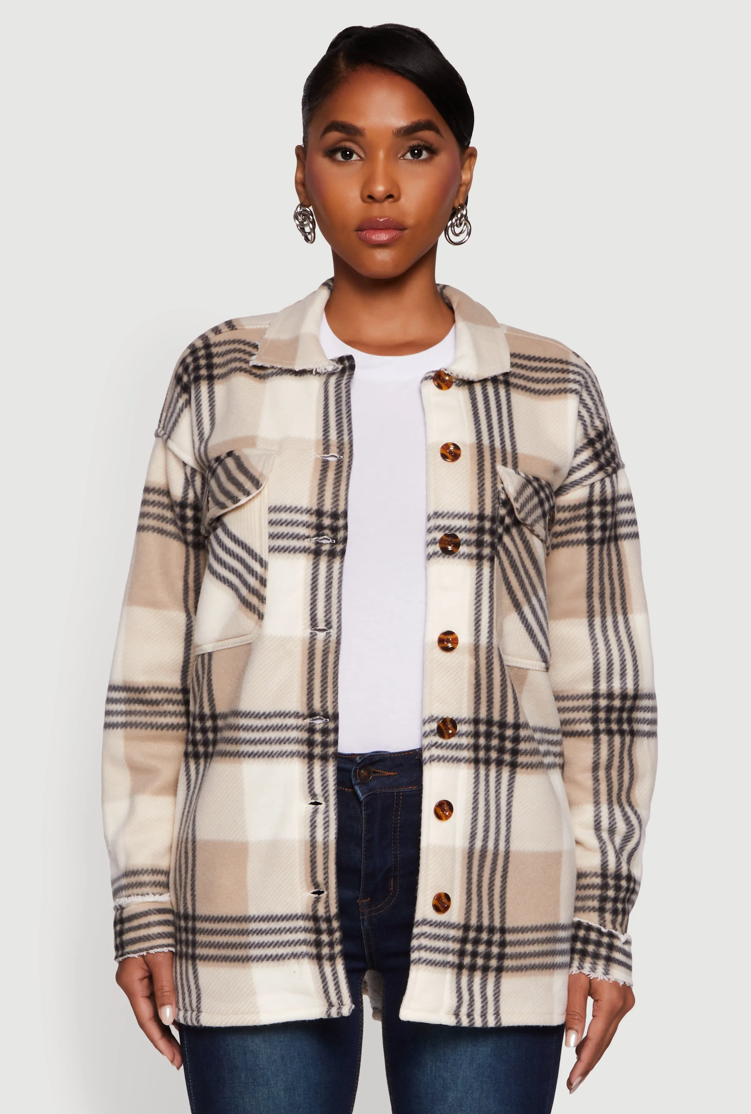 Plaid Sherpa Lined Fleece Long Sleeve Button Front Jacket sold by Rainbow product image thumbnail 2