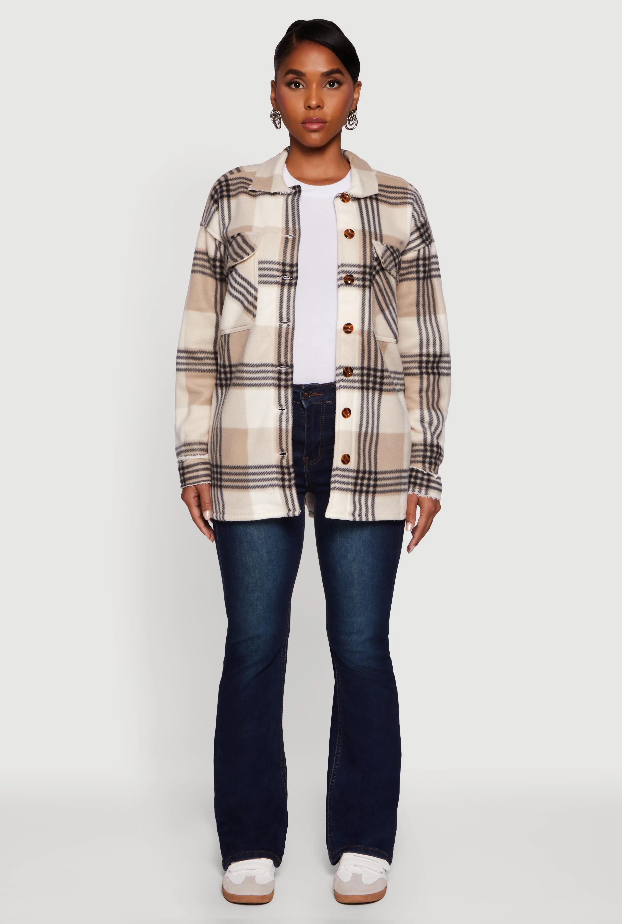 Plaid Sherpa Lined Fleece Long Sleeve Button Front Jacket sold by Rainbow product image thumbnail 3