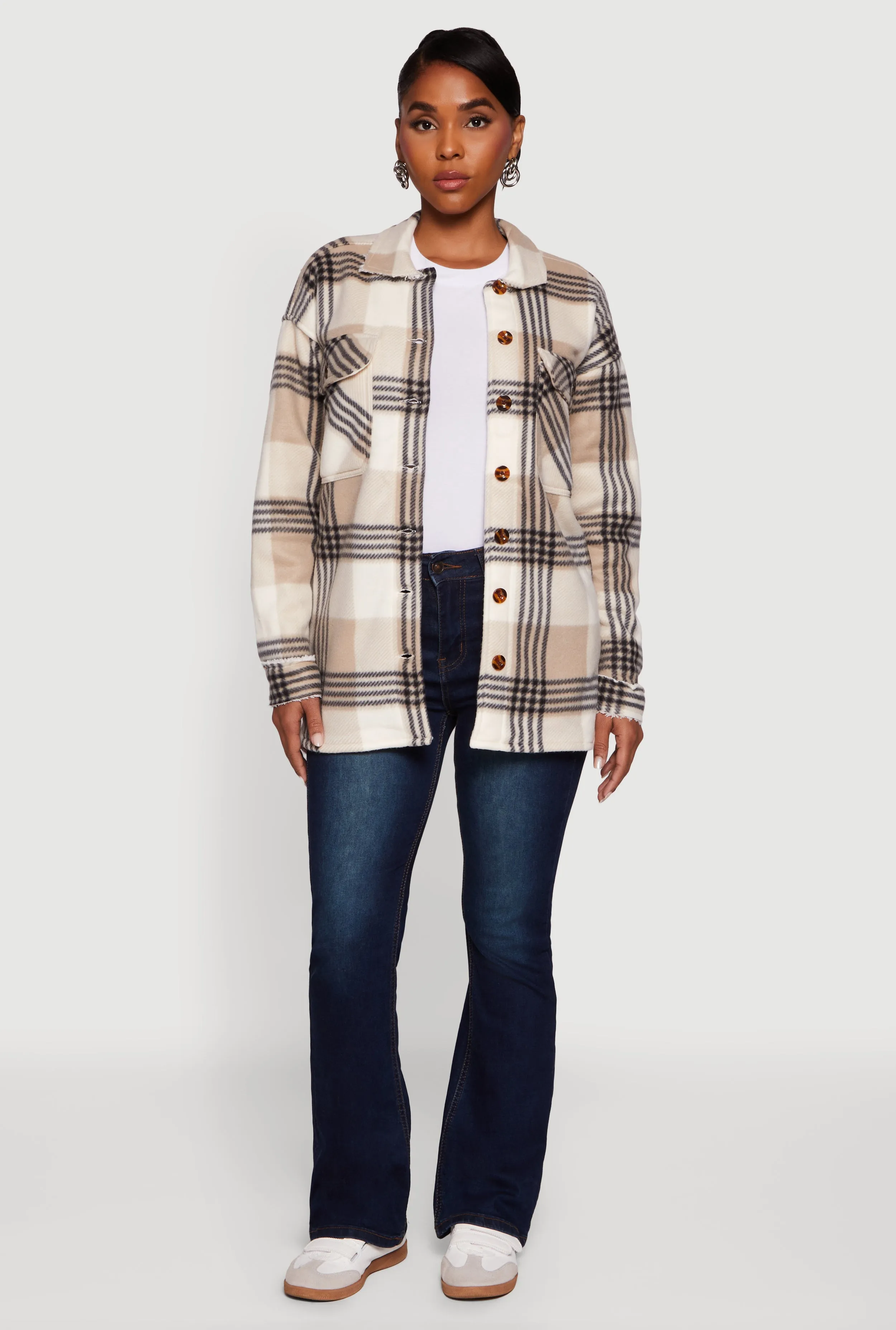 Plaid Sherpa Lined Fleece Long Sleeve Button Front Jacket sold by Rainbow