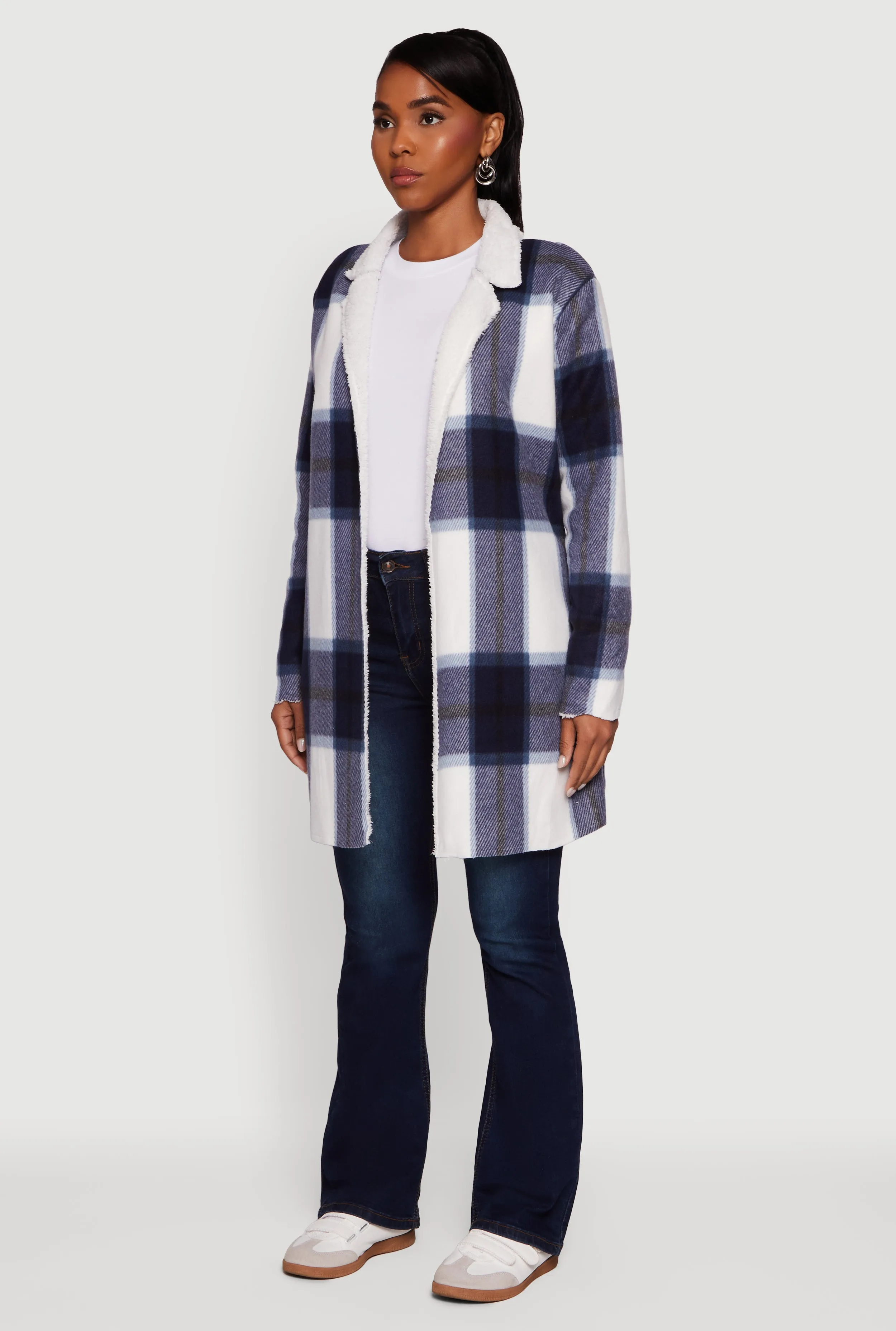 Plaid Sherpa Lined Fleece Collared Open Front Long Jacket sold by Rainbow product image thumbnail 5
