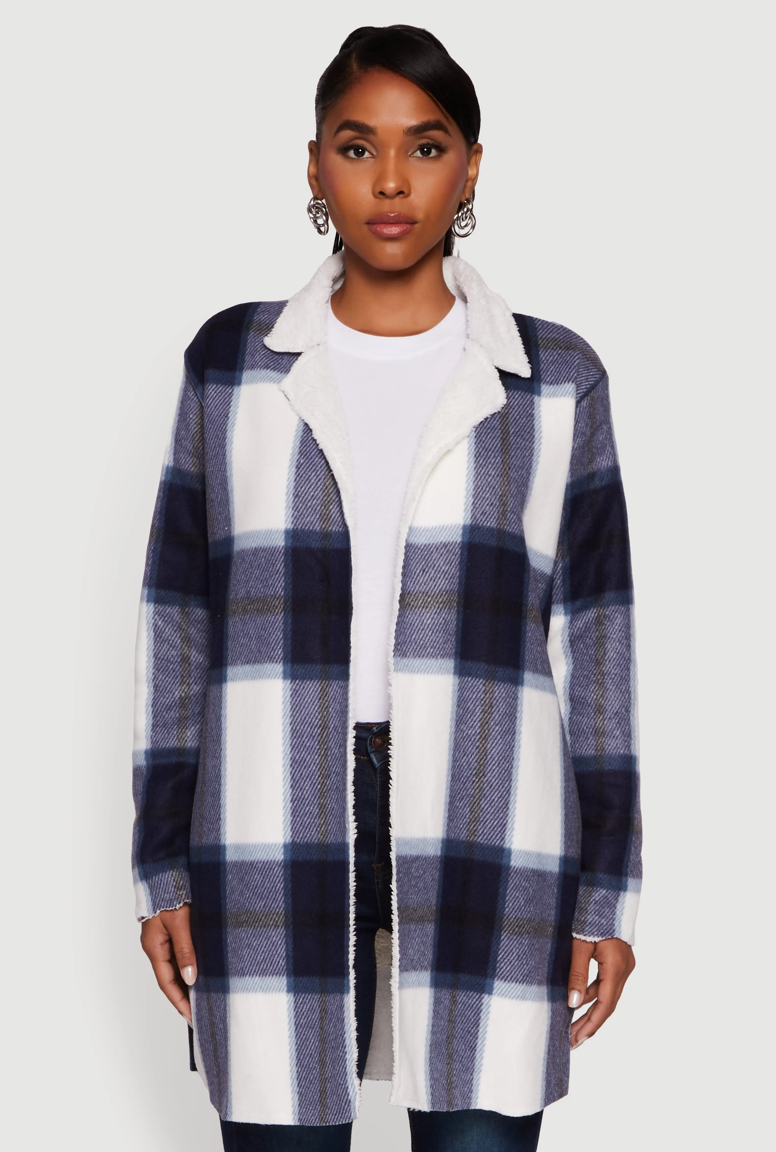 Plaid Sherpa Lined Fleece Collared Open Front Long Jacket sold by Rainbow product image thumbnail 2