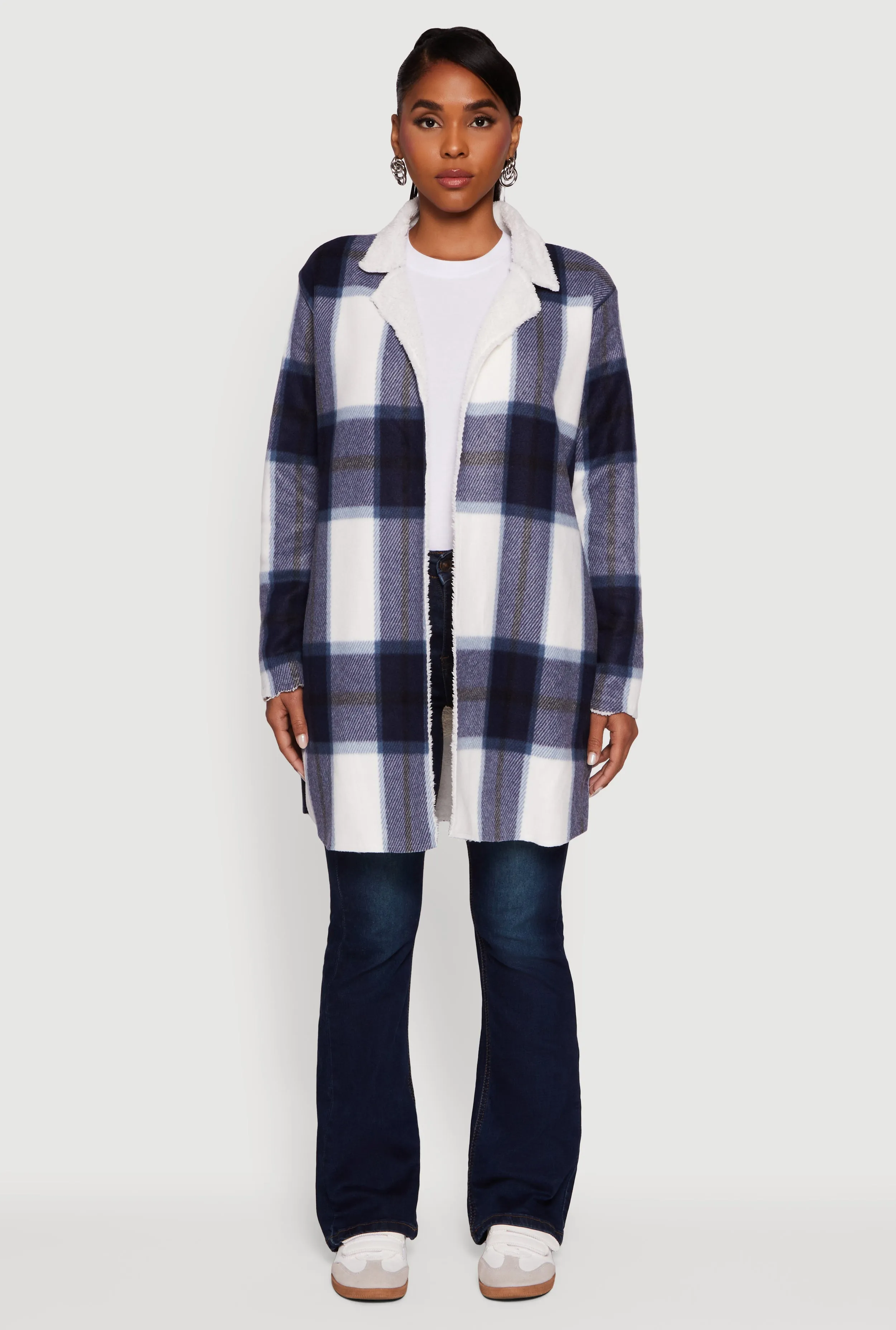 Plaid Sherpa Lined Fleece Collared Open Front Long Jacket sold by Rainbow product image thumbnail 3